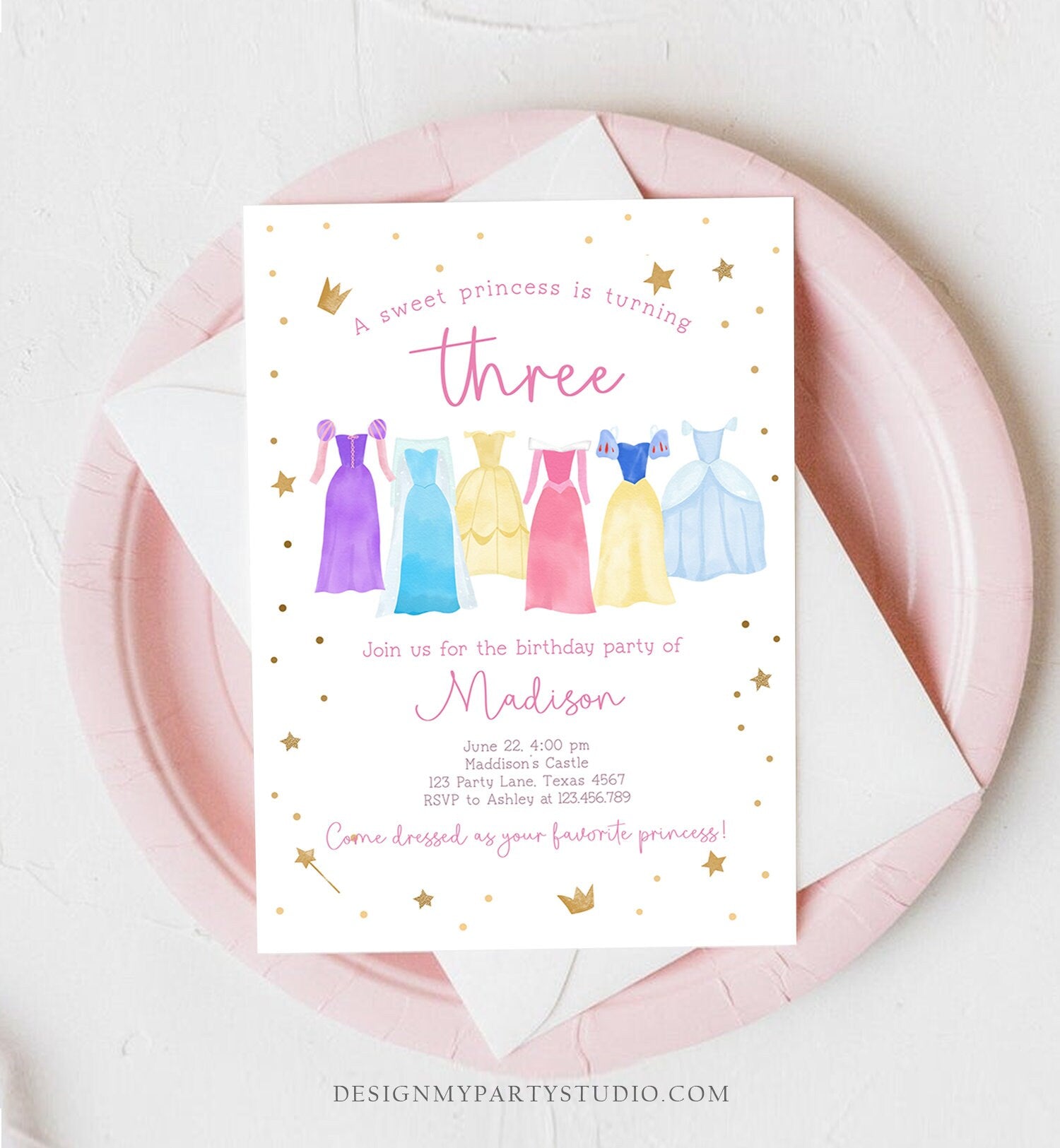 Editable Princess Birthday Invitation Princess Dress-Up Invite Royal Birthday Girl Pink Princess Dresses Template Corjl Printable 0462