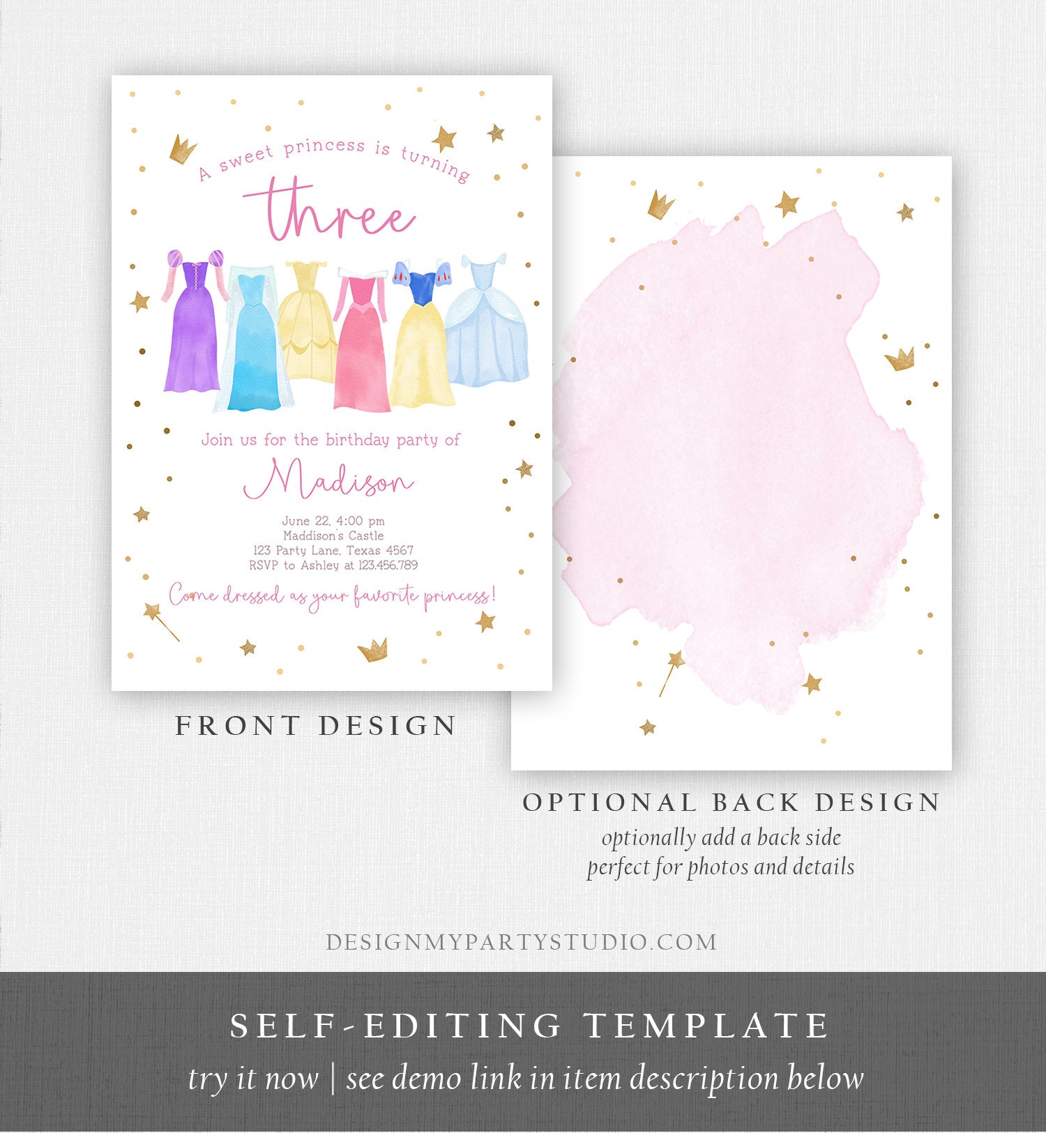 Editable Princess Birthday Invitation Princess Dress-Up Invite Royal Birthday Girl Pink Princess Dresses Template Corjl Printable 0462