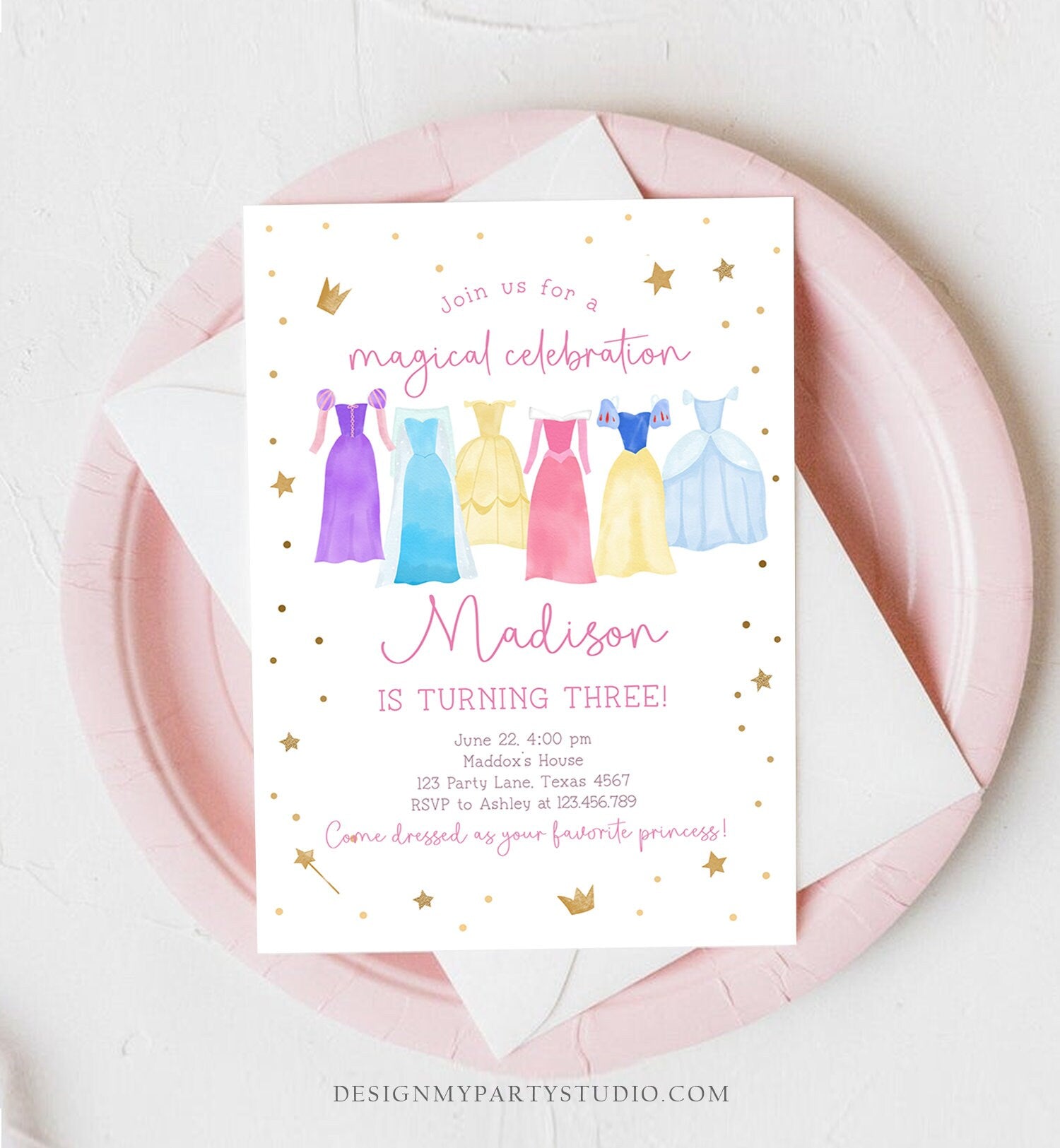 Editable Princess Birthday Invitation Princess Dress-Up Invite Royal Birthday Girl Pink Princess Dresses Template Corjl Printable 0462