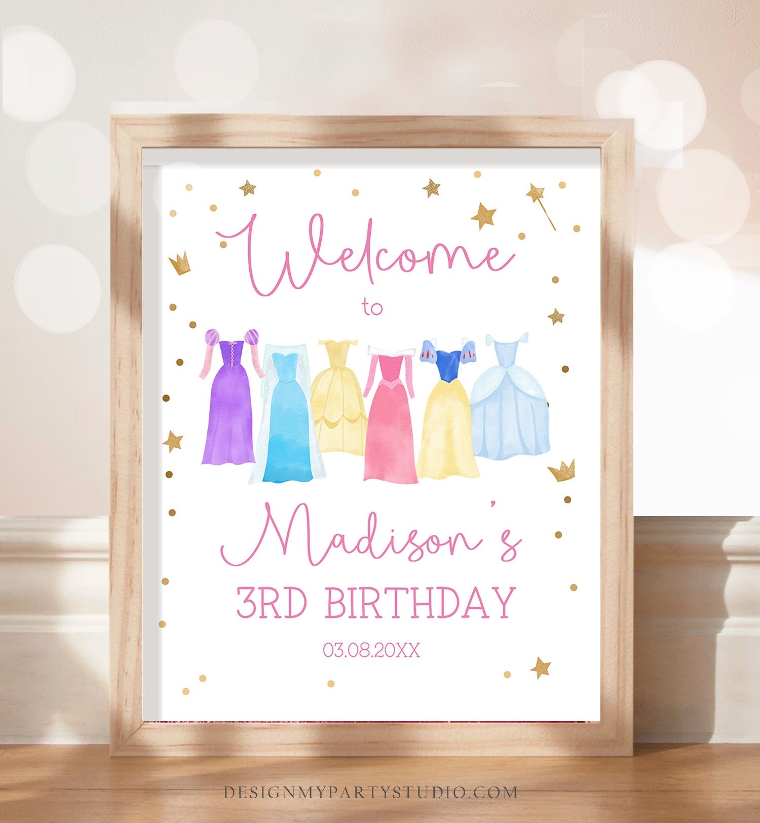 Editable Princess Birthday Welcome Sign Girl Princess Welcome Royal Dress-up Party Costume Pink Gold Girls Template Corjl PRINTABLE 0462