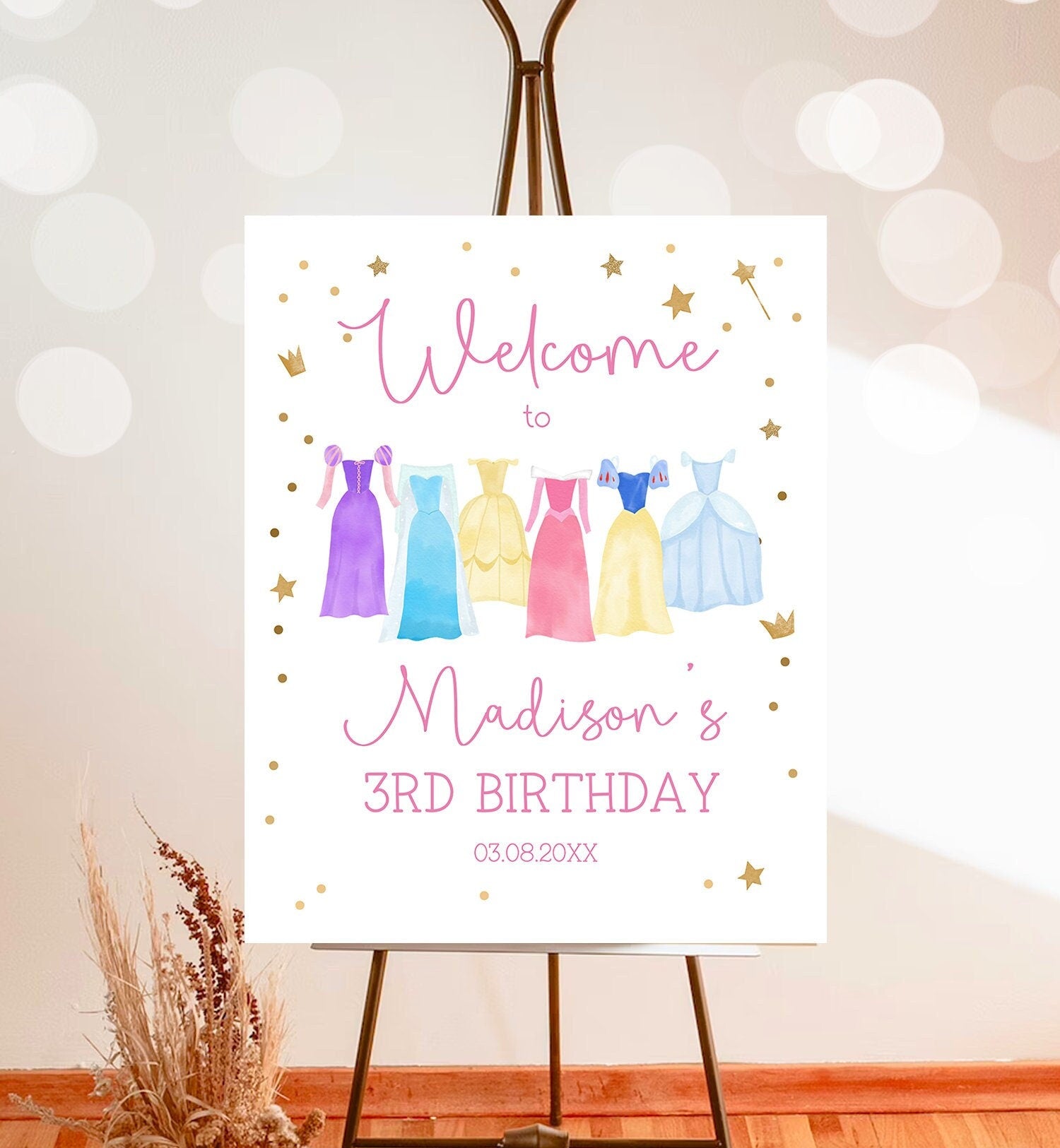 Editable Princess Birthday Welcome Sign Girl Princess Welcome Royal Dress-up Party Costume Pink Gold Girls Template Corjl PRINTABLE 0462