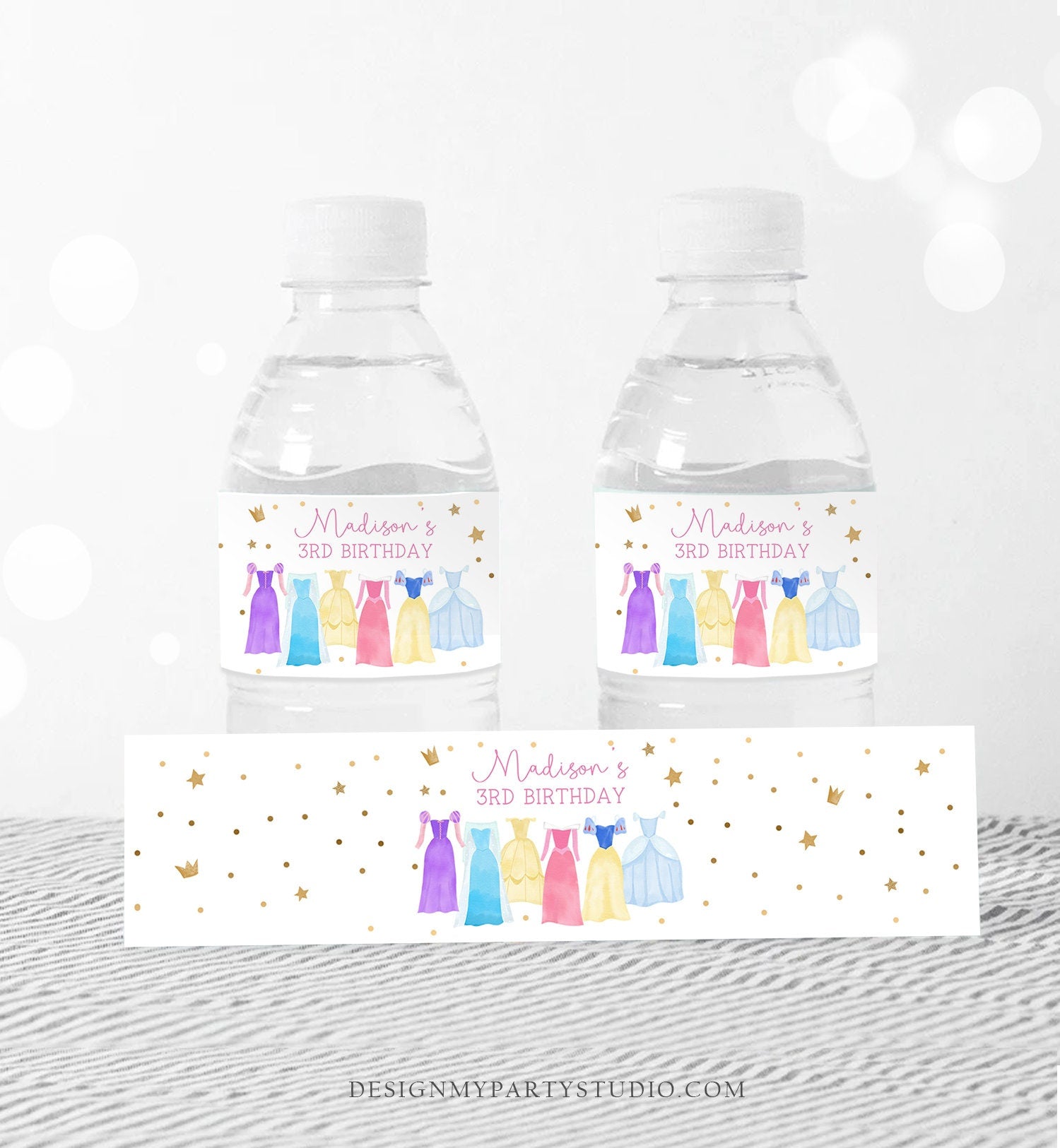 Editable Princess Water Bottle Labels Princess Birthday Party Girl Dress-up Royal Magical Celebration Download Printable Template Corjl 0462