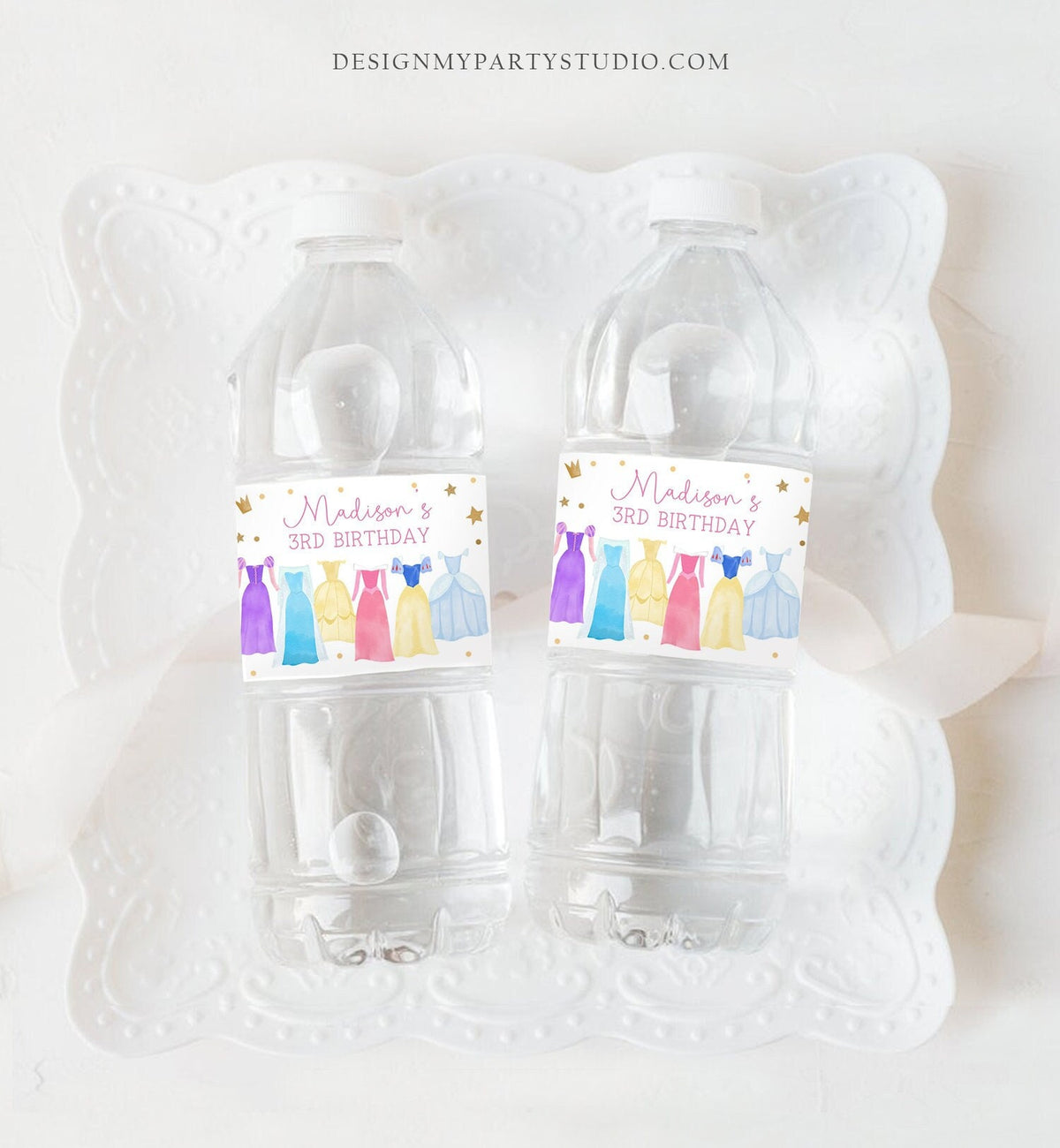 Editable Princess Water Bottle Labels Princess Birthday Party Girl Dress-up Royal Magical Celebration Download Printable Template Corjl 0462