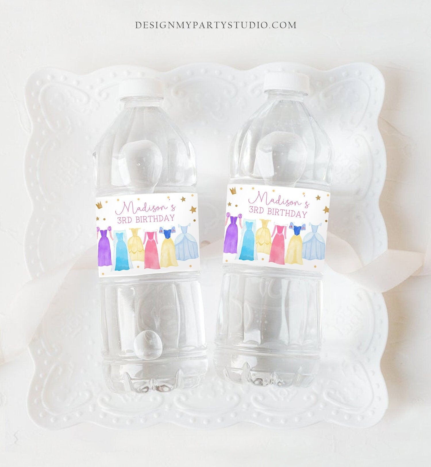 Editable Princess Water Bottle Labels Princess Birthday Party Girl Dress-up Royal Magical Celebration Download Printable Template Corjl 0462