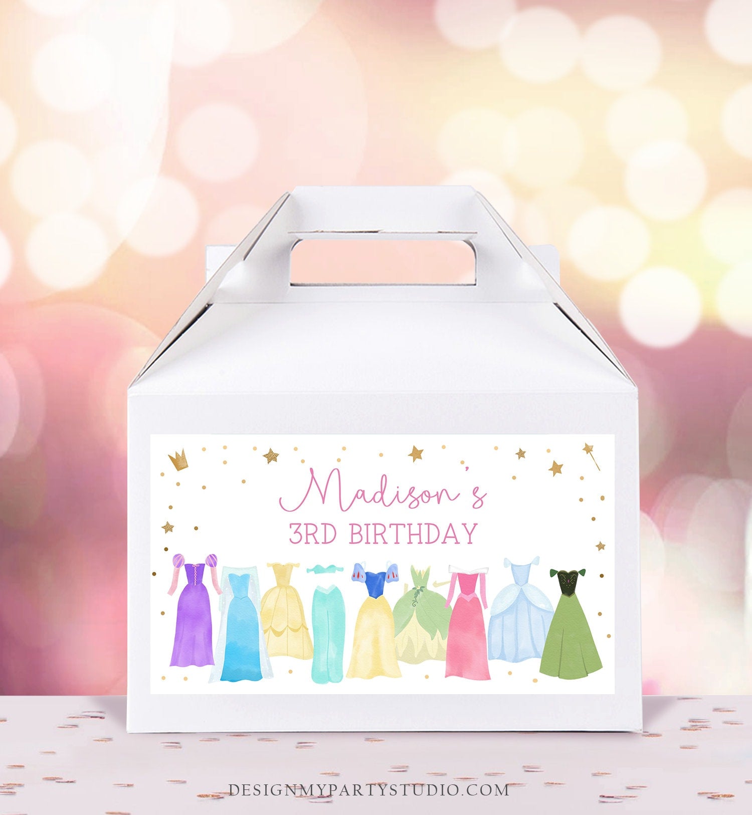 Editable Princess Gable Gift Box Label Royal Princess Birthday Girl Treat Box Label Dress-Up Party Magical Download Printable Corjl 0462