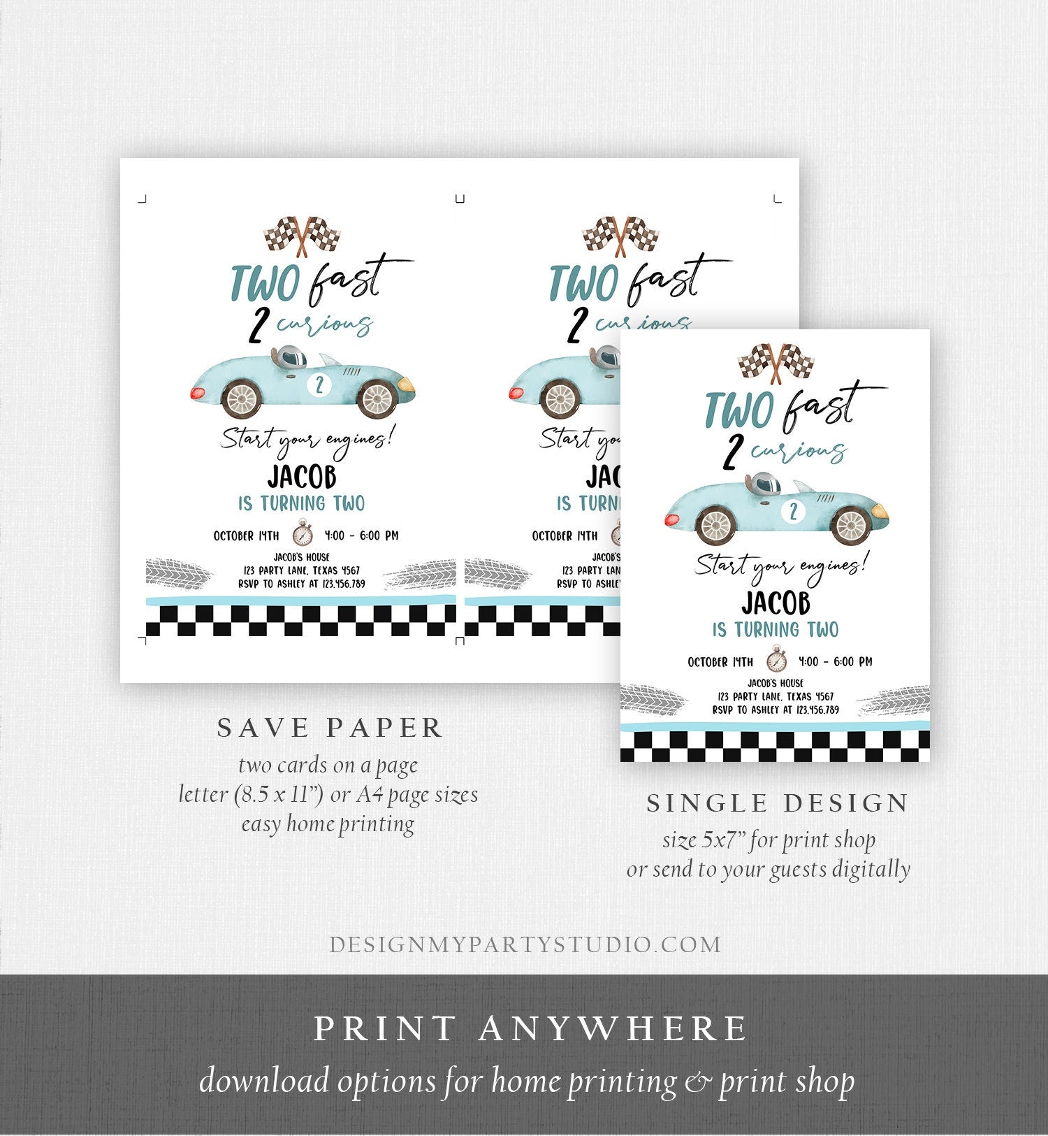 Editable Two Fast Birthday Invitation 2 Curious Party Race Car Second Birthday 2nd Racing Boy Download Printable Template Digital Corjl 0424