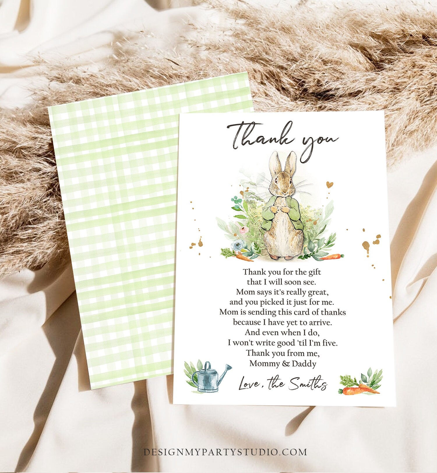 Editable Peter Rabbit Baby Shower Thank You Card Gender Neutral Rustic Spring Bunny Baby Shower Digital Corjl Template Printable 0351