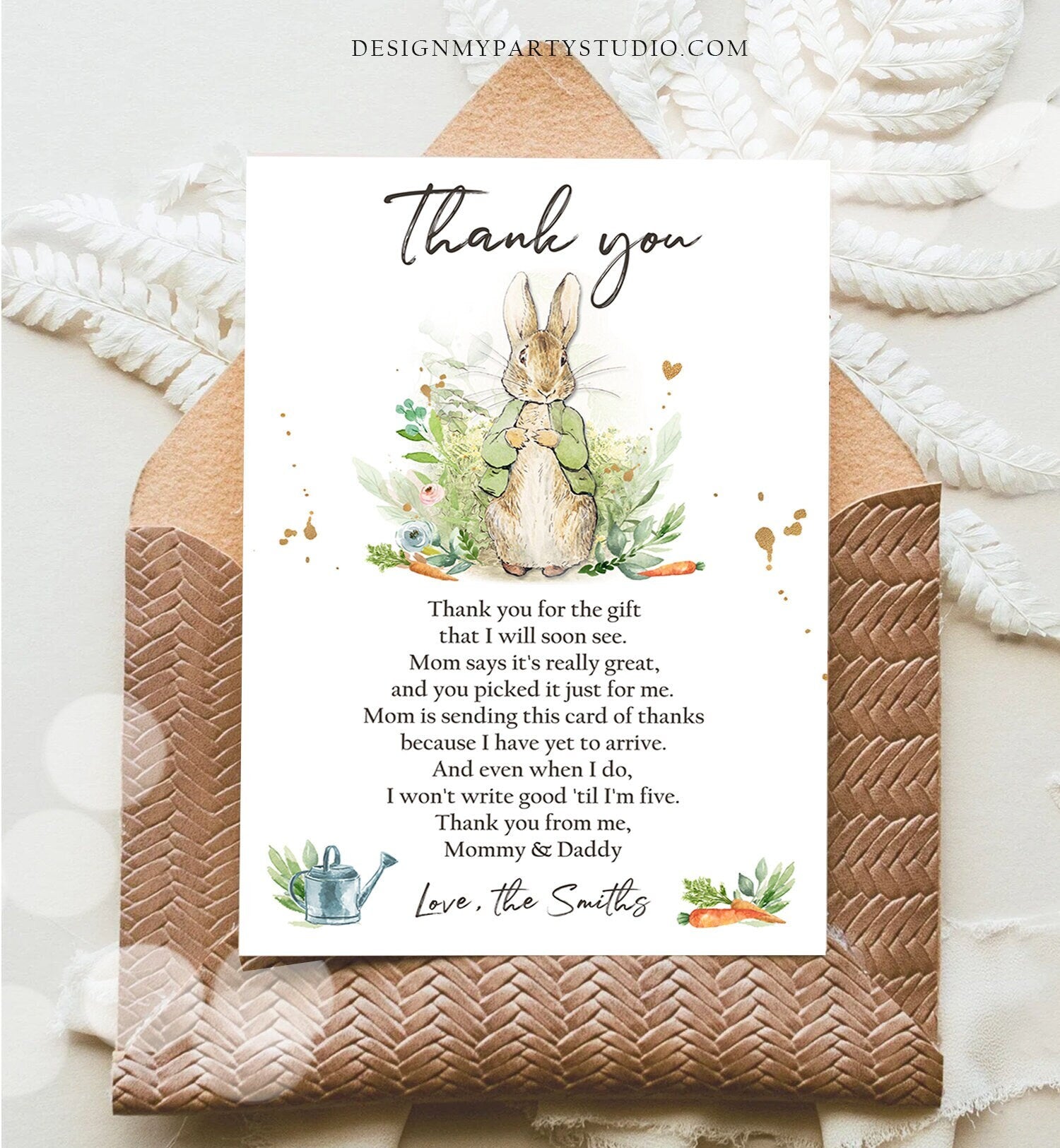 Editable Peter Rabbit Baby Shower Thank You Card Gender Neutral 