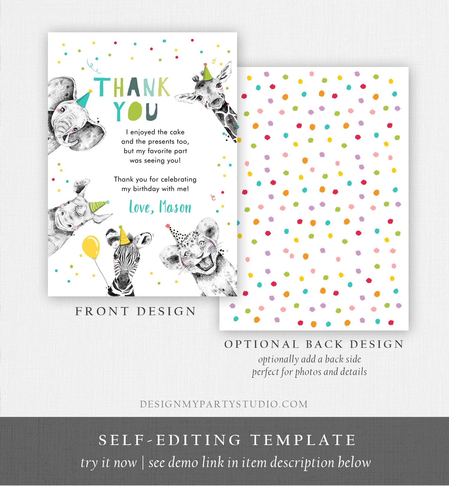 Editable Thank You Card Safari Animals Wild One Two Wild Thank You Note Boy Wild Three Zoo Party Animals Corjl Template Digital 0390