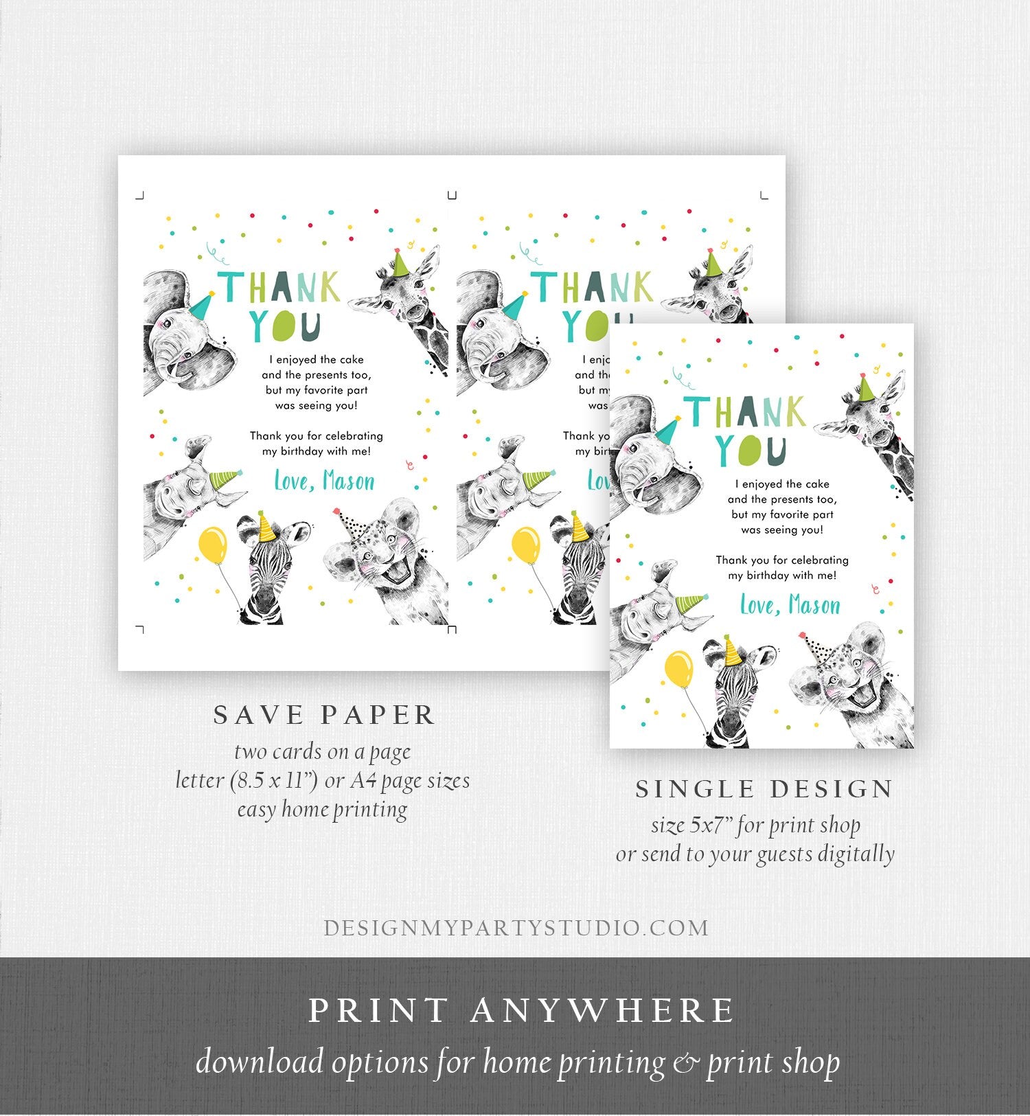 Editable Thank You Card Safari Animals Wild One Two Wild Thank You Note Boy Wild Three Zoo Party Animals Corjl Template Digital 0390