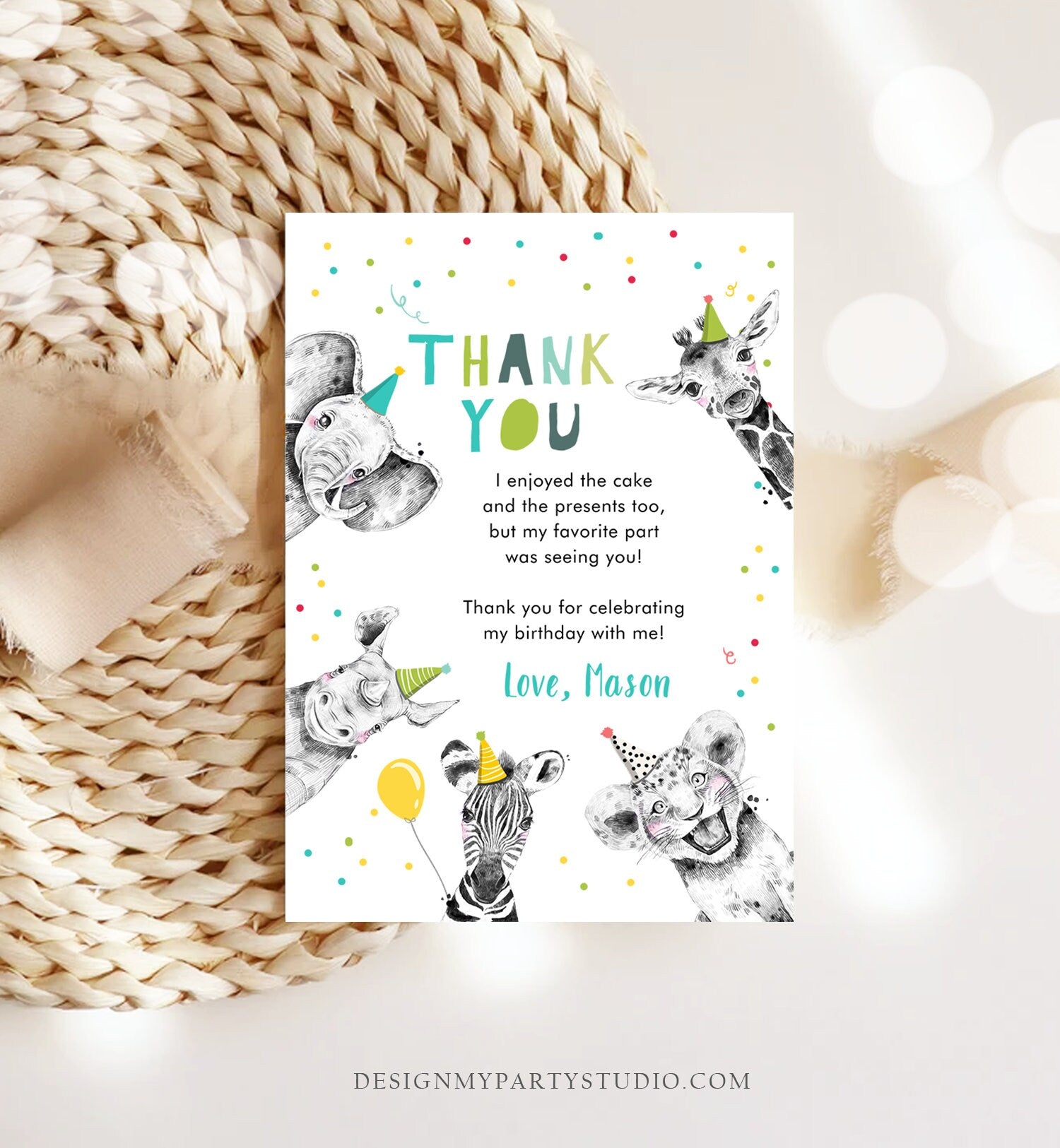 Editable Thank You Card Safari Animals Wild One Two Wild Thank You Note Boy Wild Three Zoo Party Animals Corjl Template Digital 0390