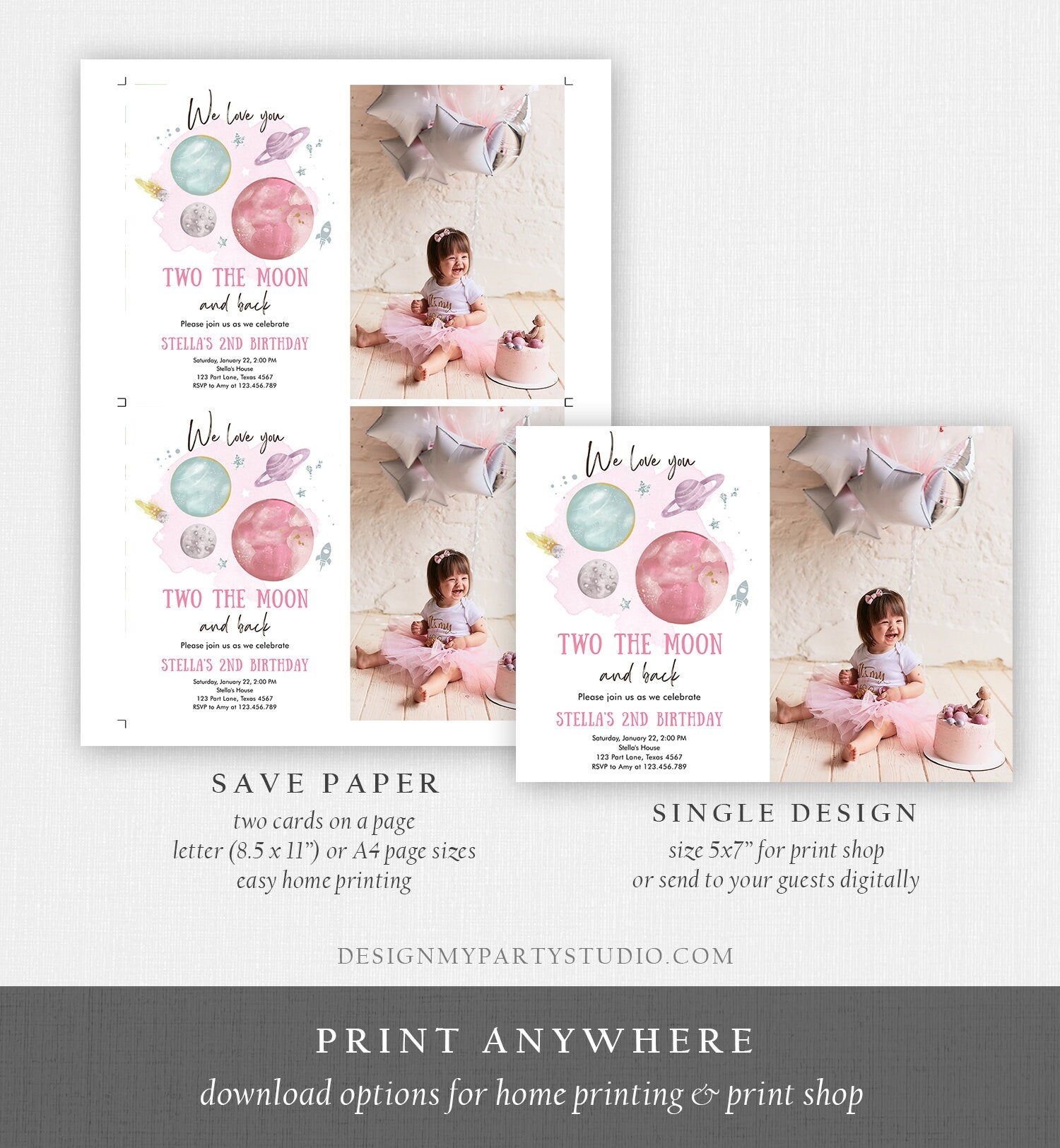 Editable Two the Moon 2nd Birthday Invitation Girl Pink Silver Space Love You Moon Galaxy Download Printable Template Digital Corjl 0357