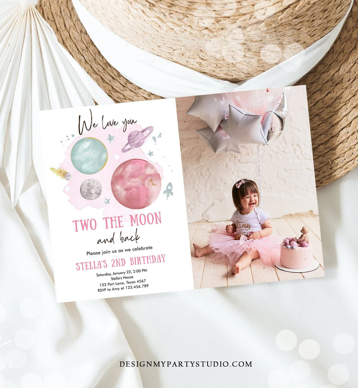 Editable Two the Moon 2nd Birthday Invitation Girl Pink Silver Space Love You Moon Galaxy Download Printable Template Digital Corjl 0357