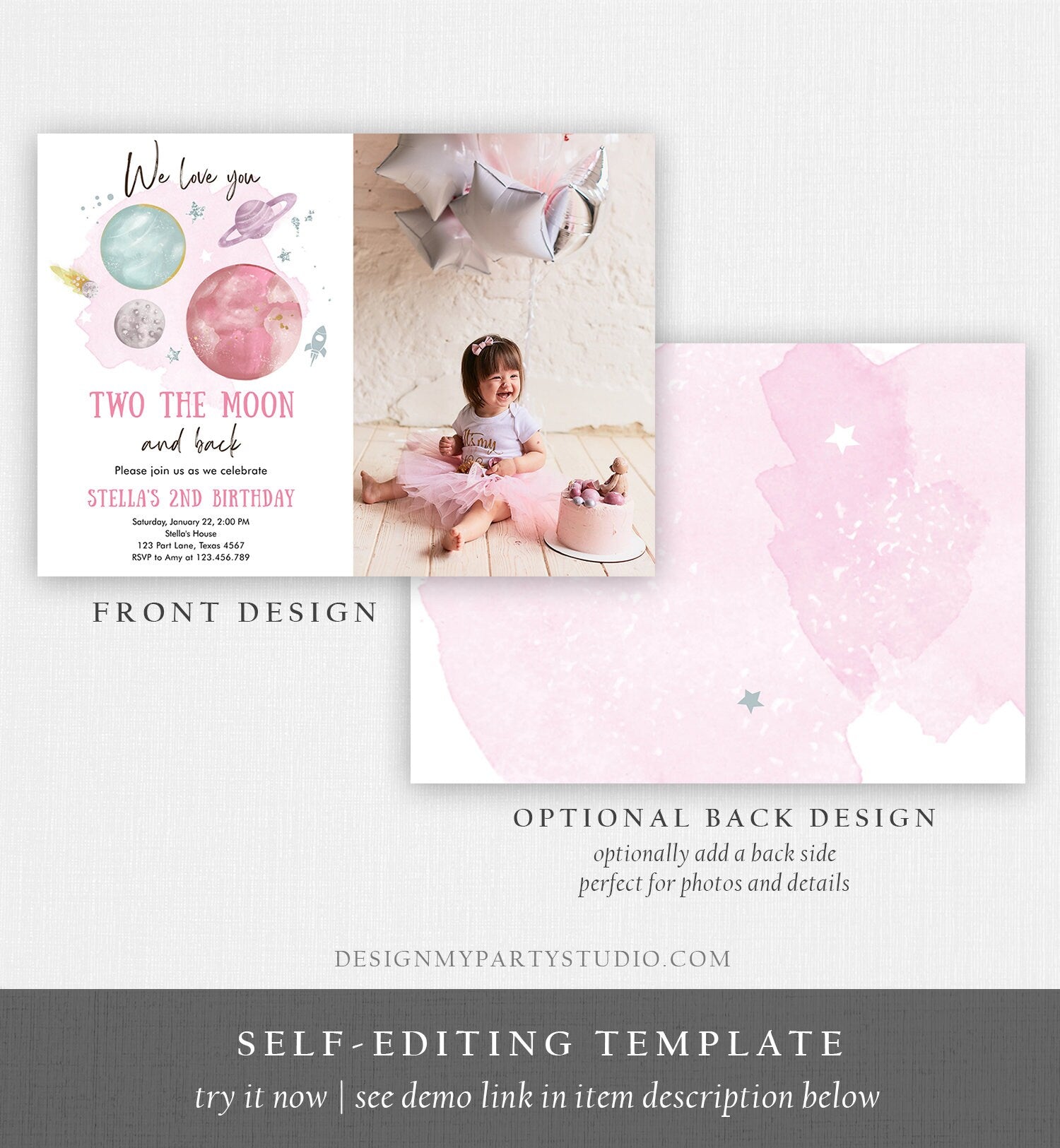 Editable Two the Moon 2nd Birthday Invitation Girl Pink Silver Space Love You Moon Galaxy Download Printable Template Digital Corjl 0357