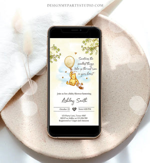 Editable Winnie The Pooh Baby Shower Evite Gender Neutral Classic Winnie The Pooh Invitation Phone Digital Electronic Corjl Template 0425