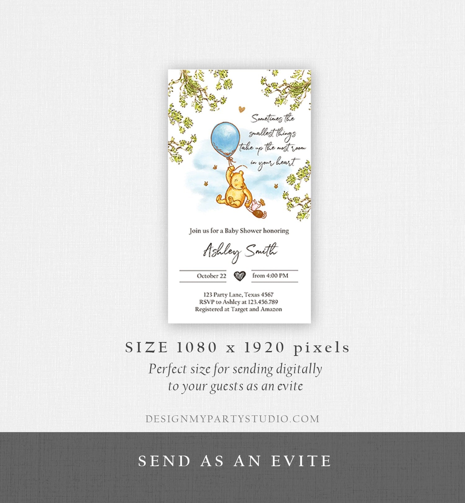 Editable Winnie The Pooh Baby Shower Evite Boy Blue Rustic Classic Winnie The Pooh Invitation Phone Digital Electronic Corjl Template 0425