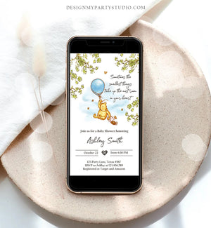 Editable Winnie The Pooh Baby Shower Evite Boy Blue Rustic Classic Winnie The Pooh Invitation Phone Digital Electronic Corjl Template 0425