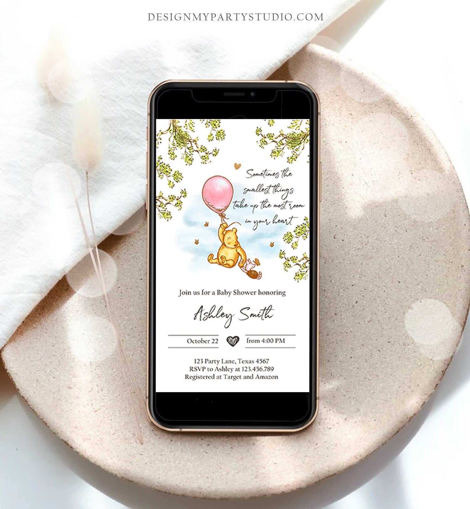 Editable Winnie The Pooh Baby Shower Evite Girl Pink Rustic Classic Winnie The Pooh Invitation Phone Digital Electronic Corjl Template 0425