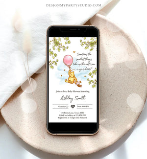 Editable Winnie The Pooh Baby Shower Evite Girl Pink Rustic Classic Winnie The Pooh Invitation Phone Digital Electronic Corjl Template 0425