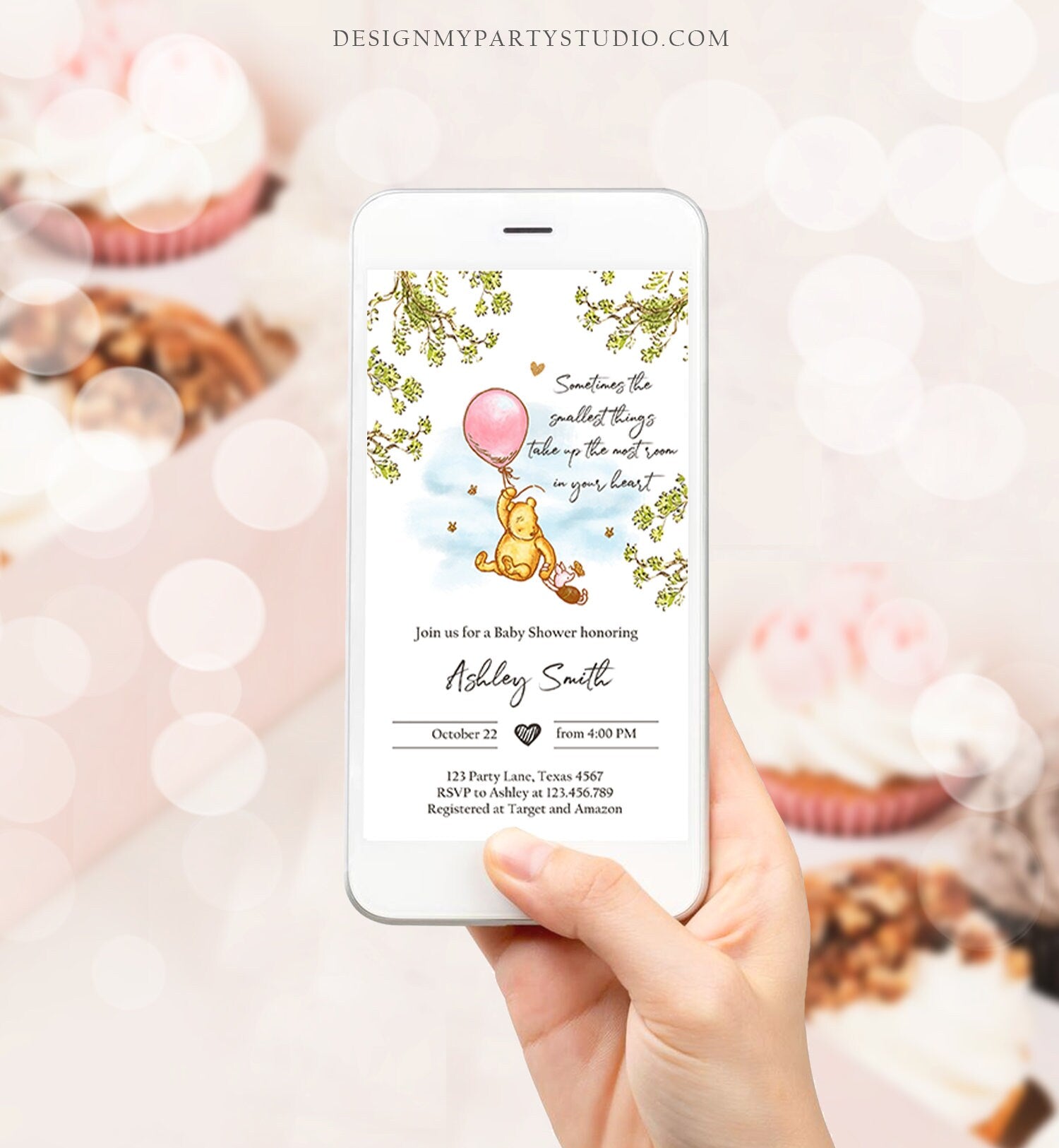 Editable Winnie The Pooh Baby Shower Evite Girl Pink Rustic Classic Winnie The Pooh Invitation Phone Digital Electronic Corjl Template 0425