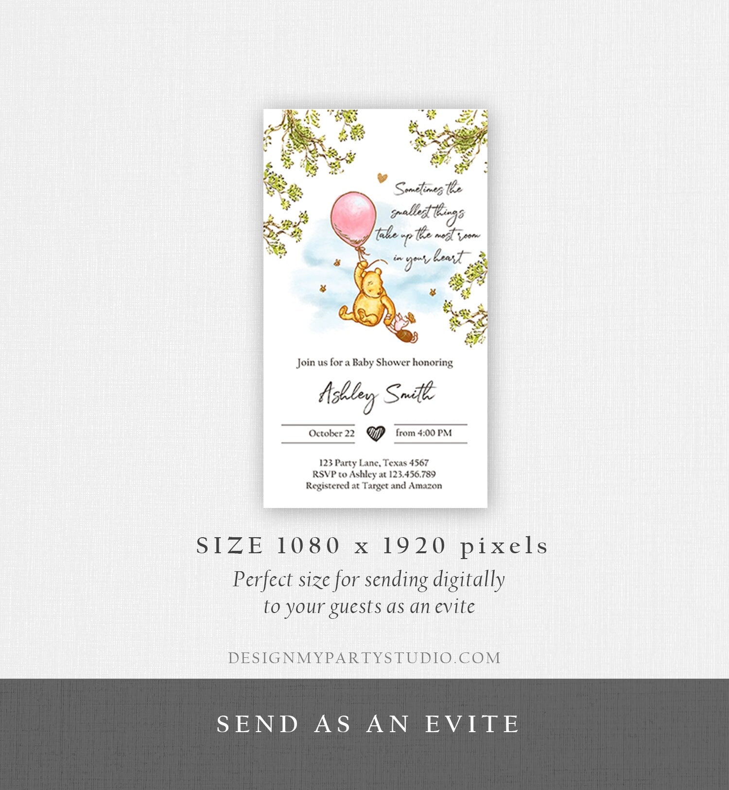 Editable Winnie The Pooh Baby Shower Evite Girl Pink Rustic Classic Winnie The Pooh Invitation Phone Digital Electronic Corjl Template 0425