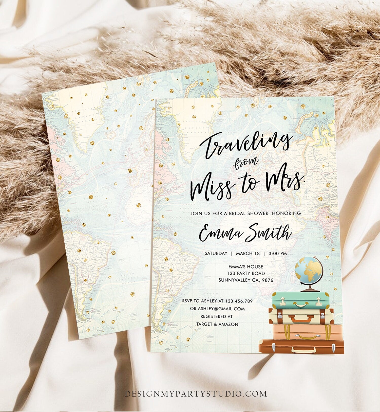 Editable Bridal Shower Invitation Traveling from Miss to Mrs Travel World Map Suitcase Vintage Floral Download Printable Template Corjl 0263