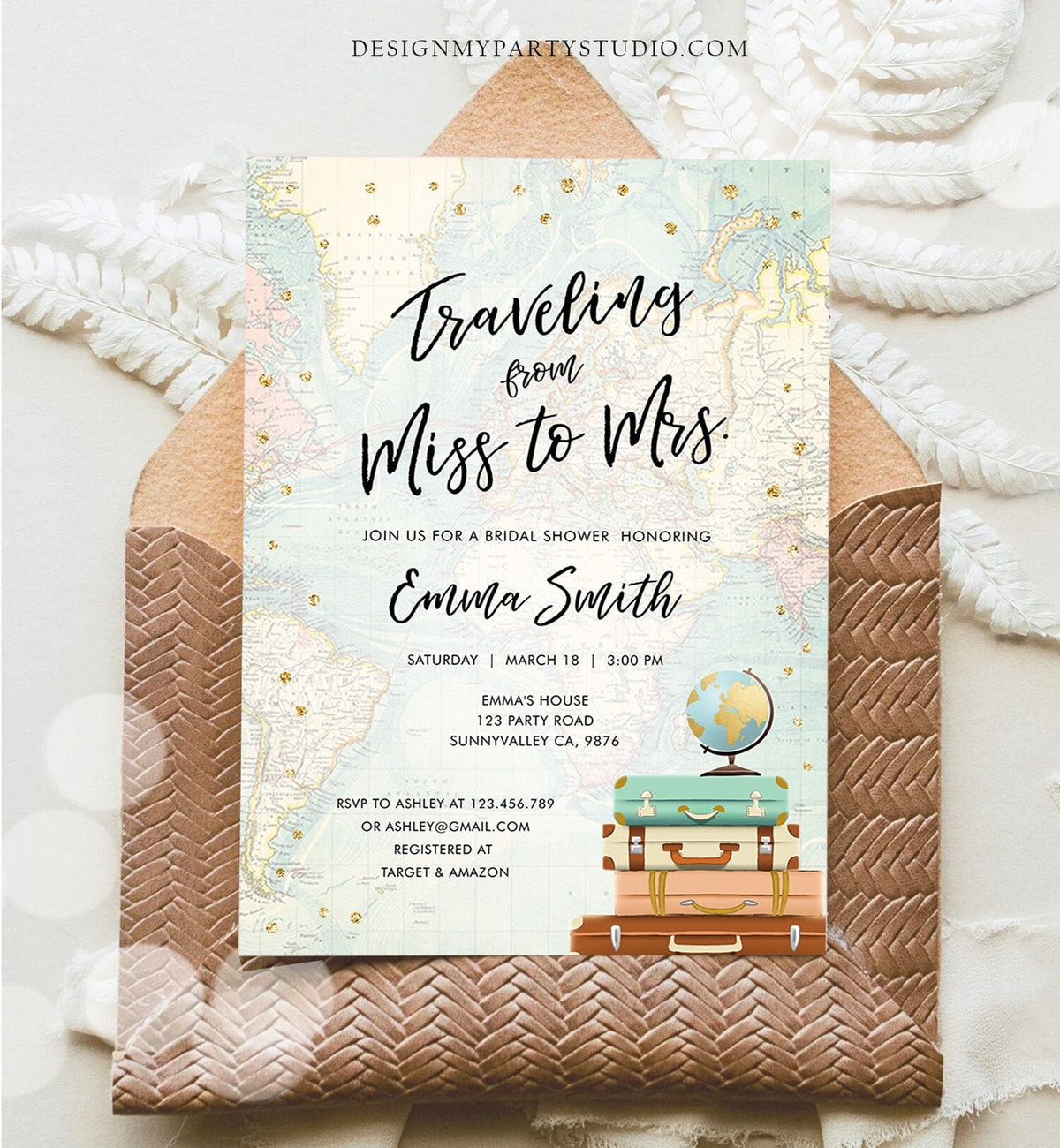 Editable Bridal Shower Invitation Traveling from Miss to Mrs Travel World Map Suitcase Vintage Floral Download Printable Template Corjl 0263