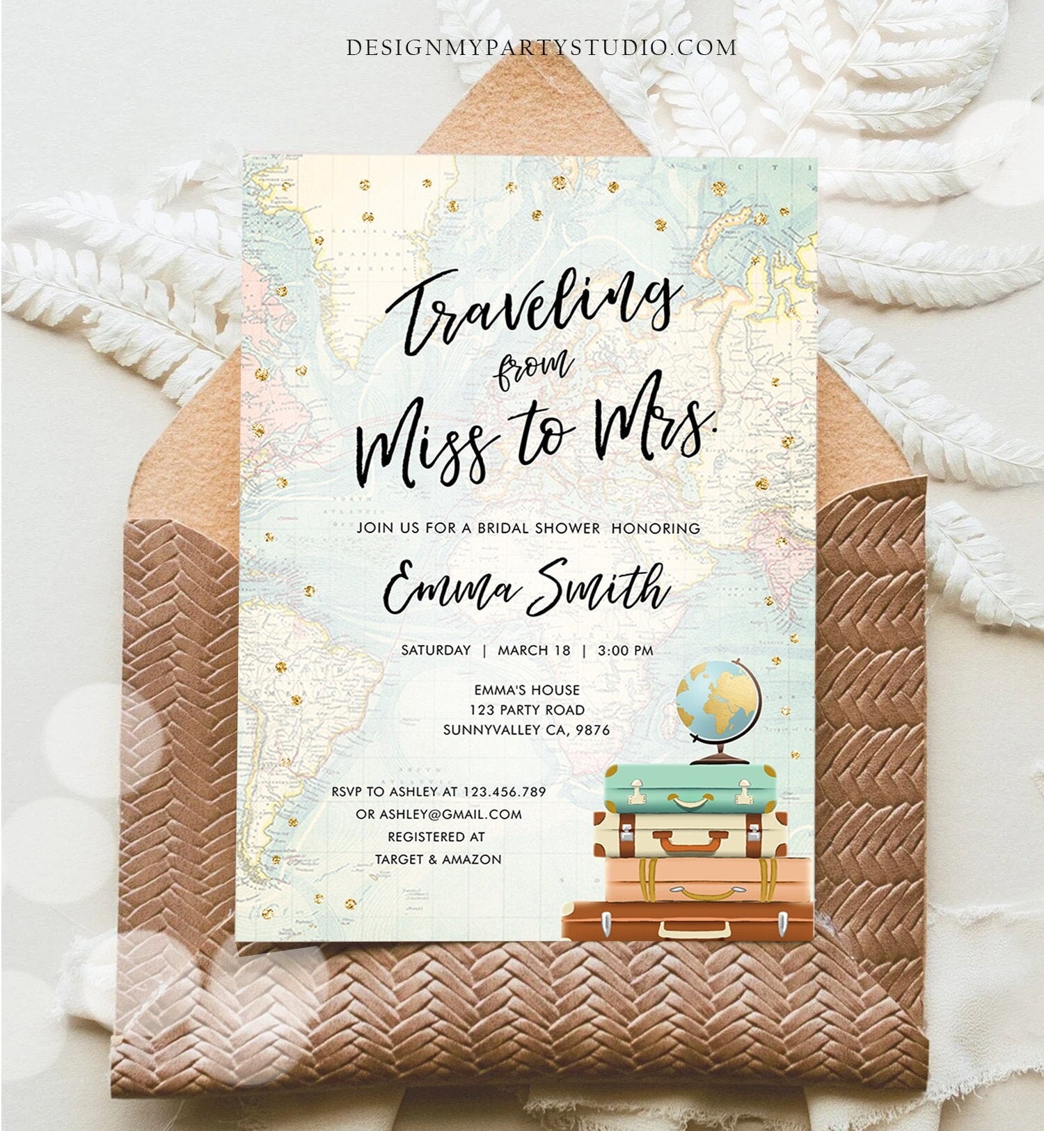 Editable Bridal Shower Invitation Traveling from Miss to Mrs Travel World Map Suitcase Vintage Floral Download Printable Template Corjl 0263