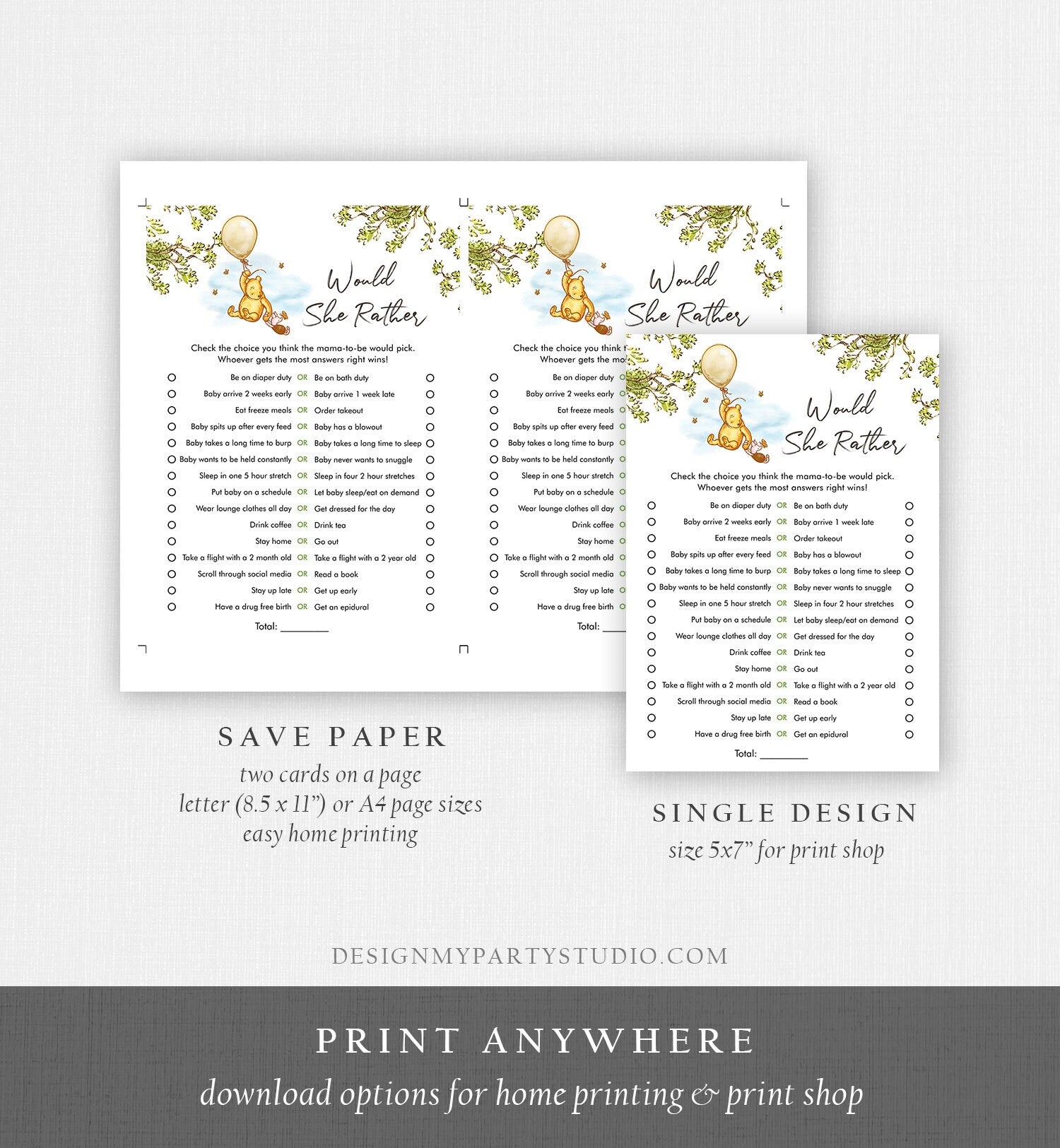 Editable Would She Rather Baby Shower Game Winnie The Pooh Baby Shower Classic Pooh Rustic Gender Neutral Corjl Template Printable 0425