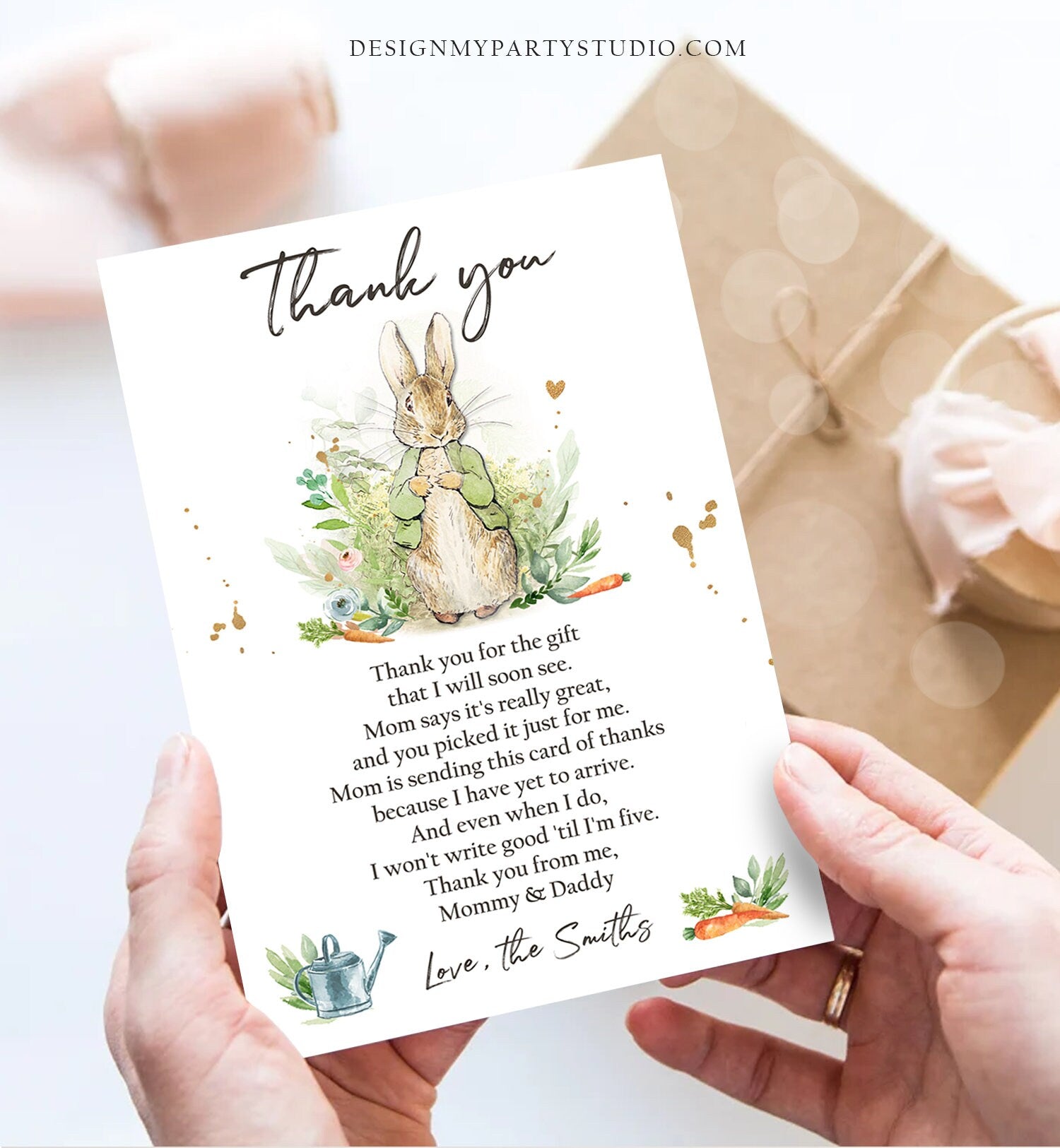 Editable Peter Rabbit Baby Shower Thank You Card Gender Neutral Rustic Spring Bunny Baby Shower Digital Corjl Template Printable 0351