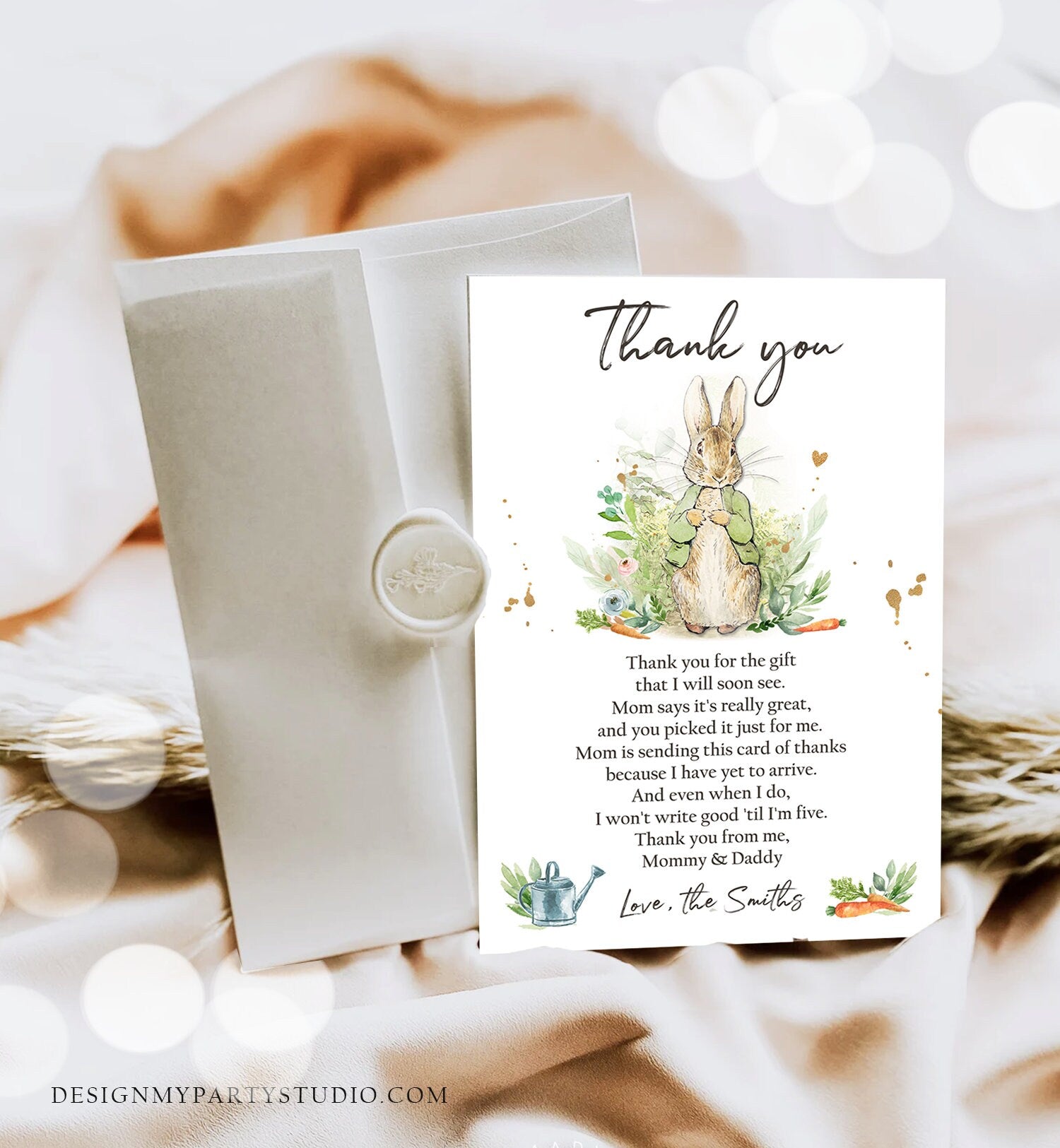 Editable Peter Rabbit Baby Shower Thank You Card Gender Neutral Rustic Spring Bunny Baby Shower Digital Corjl Template Printable 0351