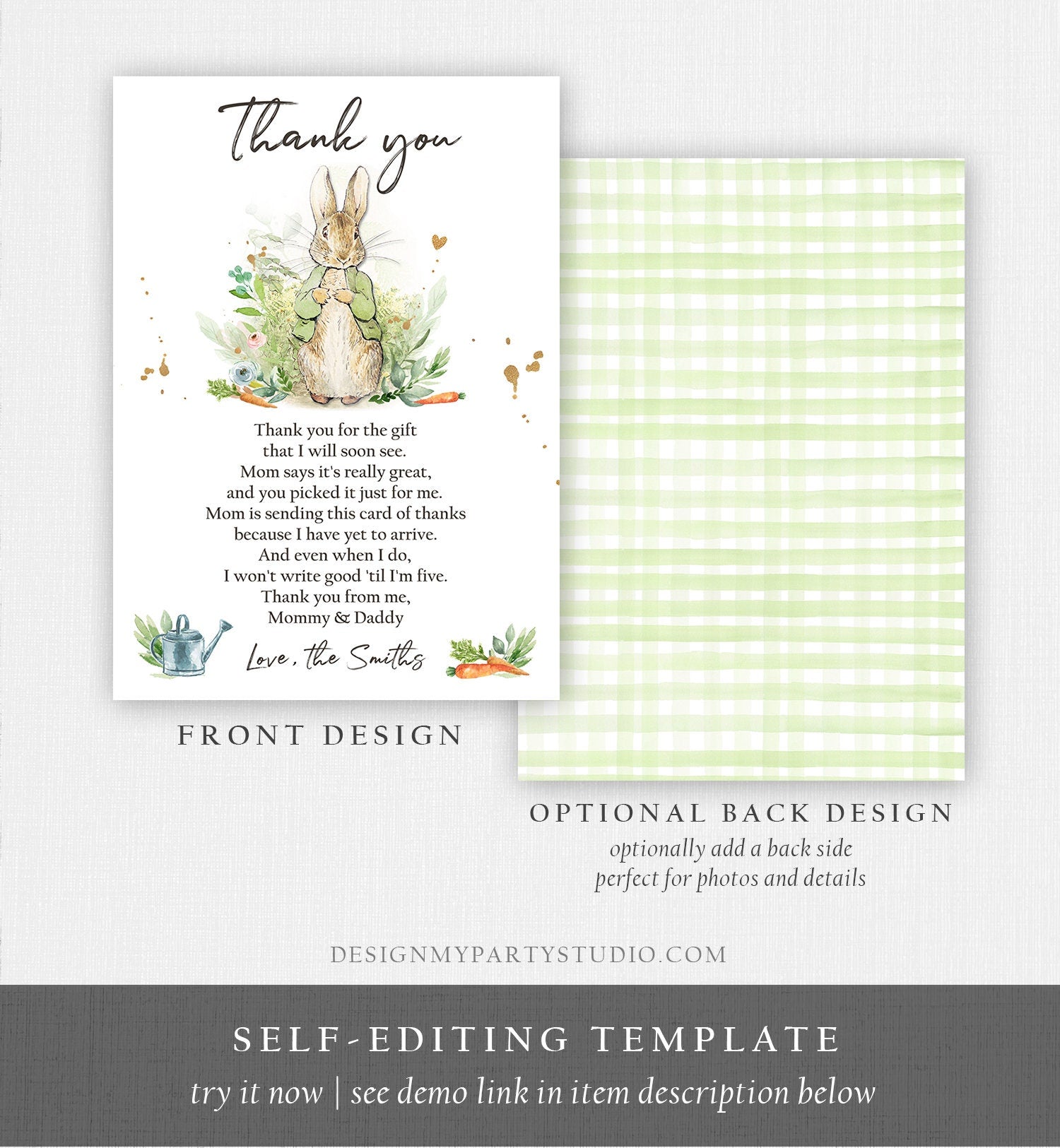 Editable Peter Rabbit Baby Shower Thank You Card Gender Neutral Rustic Spring Bunny Baby Shower Digital Corjl Template Printable 0351