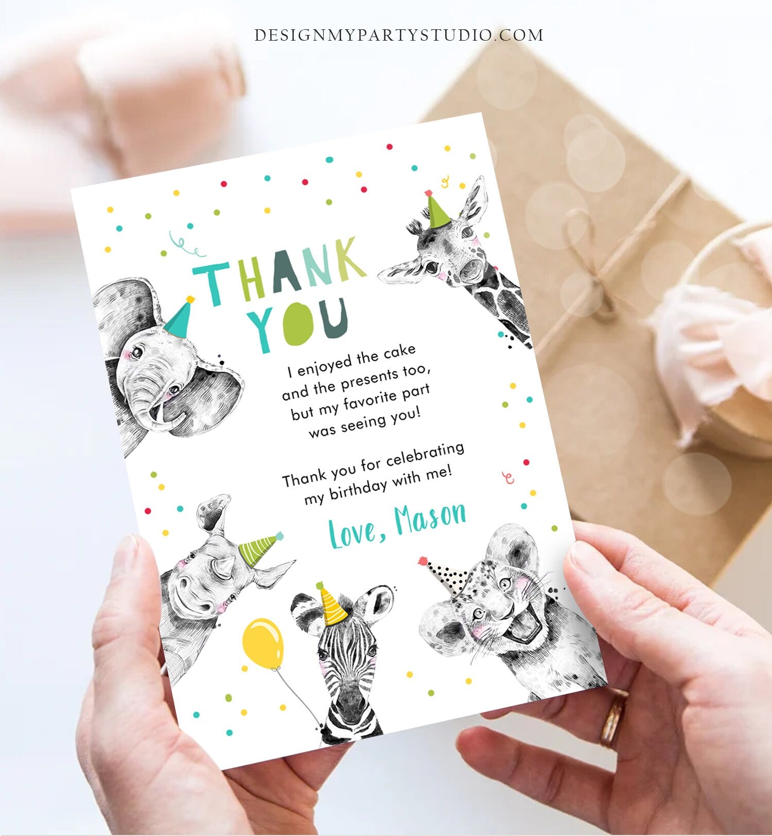 Editable Thank You Card Safari Animals Wild One Two Wild Thank You Note Boy Wild Three Zoo Party Animals Corjl Template Digital 0390