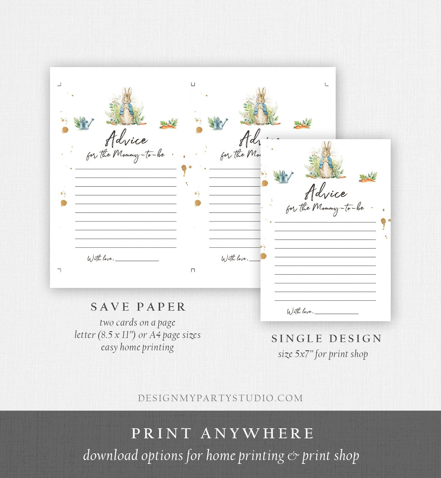 Editable Advice for the Mom-to-be Card Baby Shower Game Parent Advice Greenery Peter Rabbit Boy Shower Blue Corjl Template Printable 0351