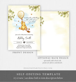 Editable Winnie The Pooh Baby Shower Invitation Gender Neutral Rustic Classic Winnie The Pooh Sprinkle Digital Corjl Template Printable 0425