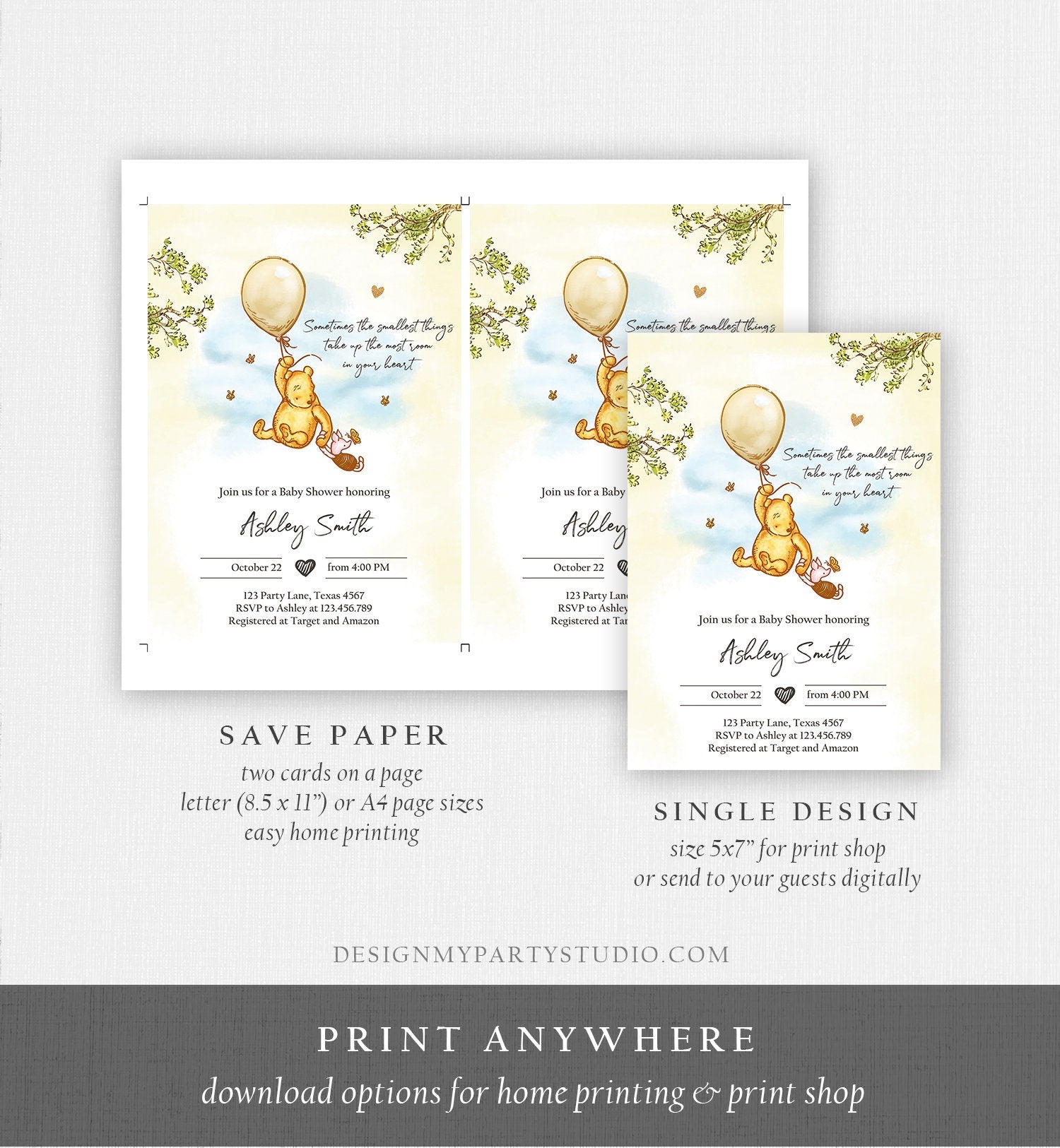 Editable Winnie The Pooh Baby Shower Invitation Gender Neutral Rustic Classic Winnie The Pooh Sprinkle Digital Corjl Template Printable 0425