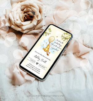 Editable Winnie The Pooh Baby Shower Evite Gender Neutral Classic Winnie The Pooh Invitation Phone Digital Electronic Corjl Template 0425