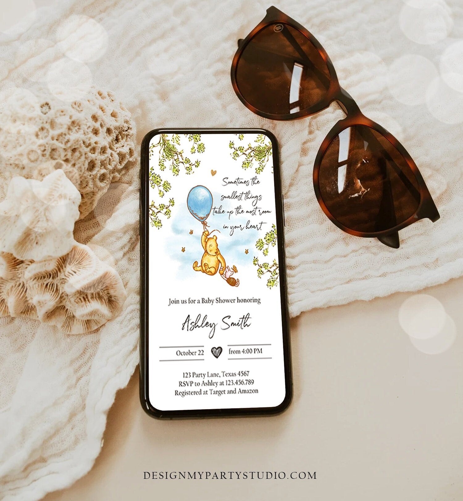 Editable Winnie The Pooh Baby Shower Evite Boy Blue Rustic Classic Winnie The Pooh Invitation Phone Digital Electronic Corjl Template 0425