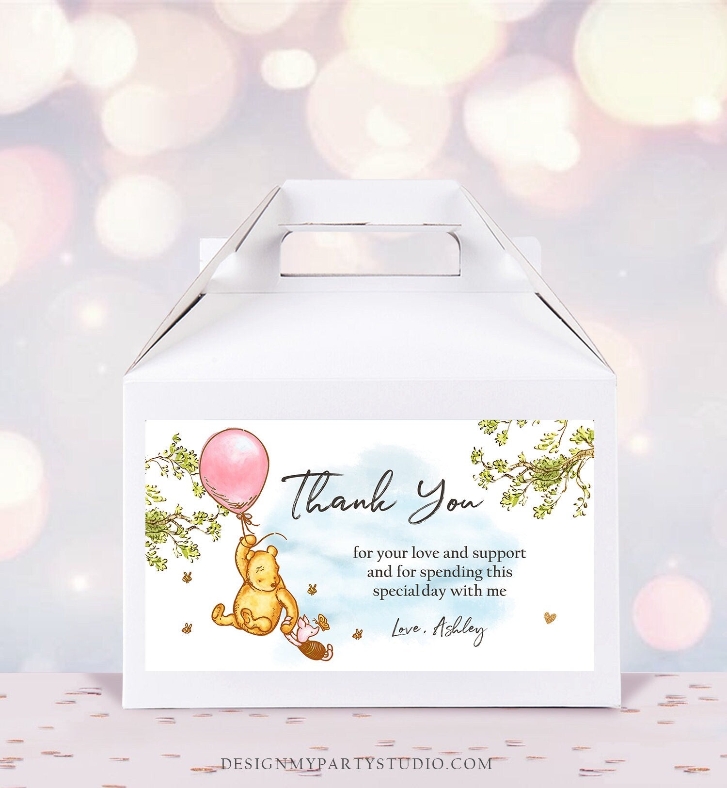 Editable Winnie The Pooh Gable Box Label Classic Pooh Birthday Box Label Pooh Party Favor Baby Shower Girl Download Printable Corjl 0425