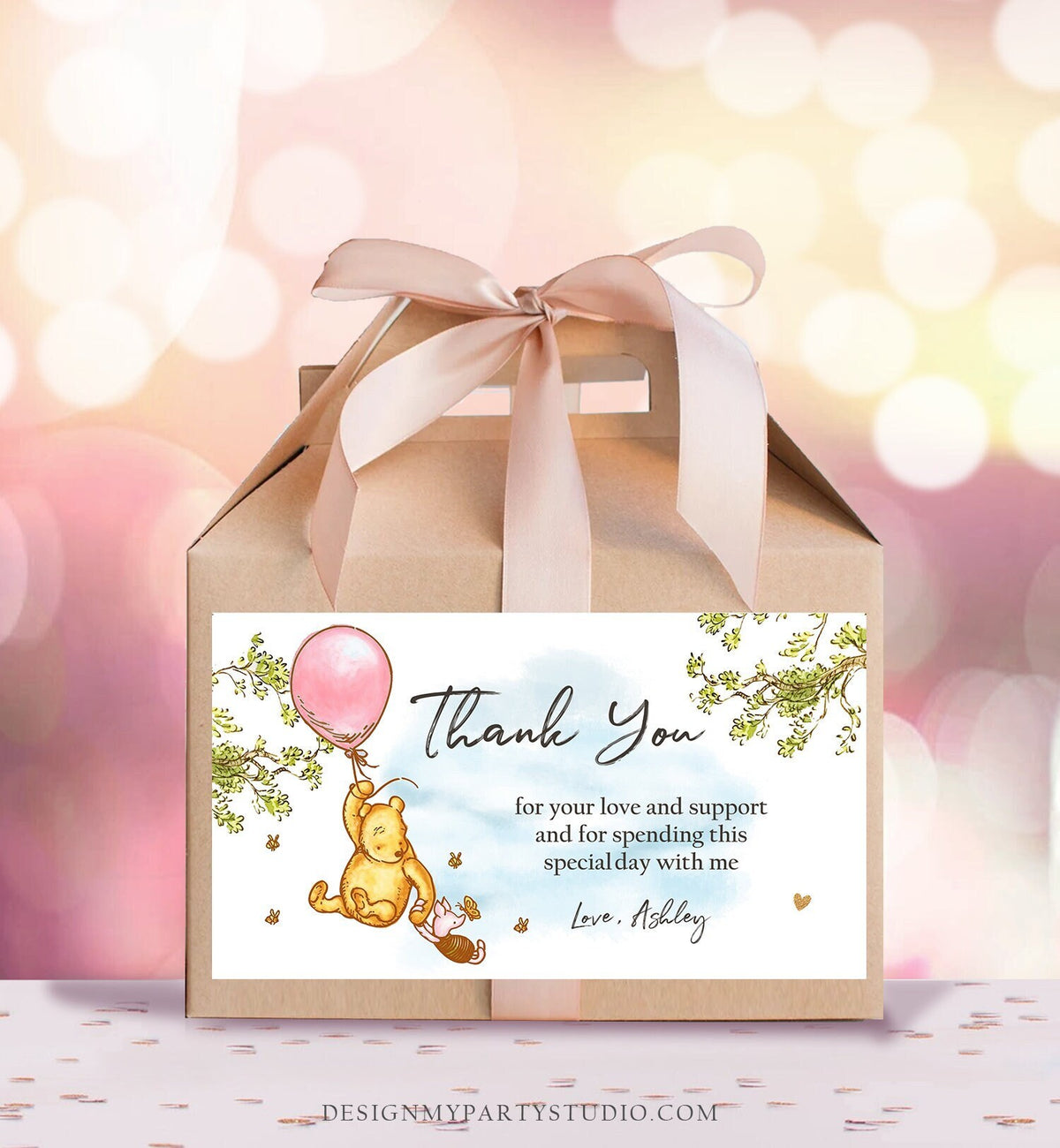 Editable Winnie The Pooh Gable Box Label Classic Pooh Birthday Box Label Pooh Party Favor Baby Shower Girl Download Printable Corjl 0425