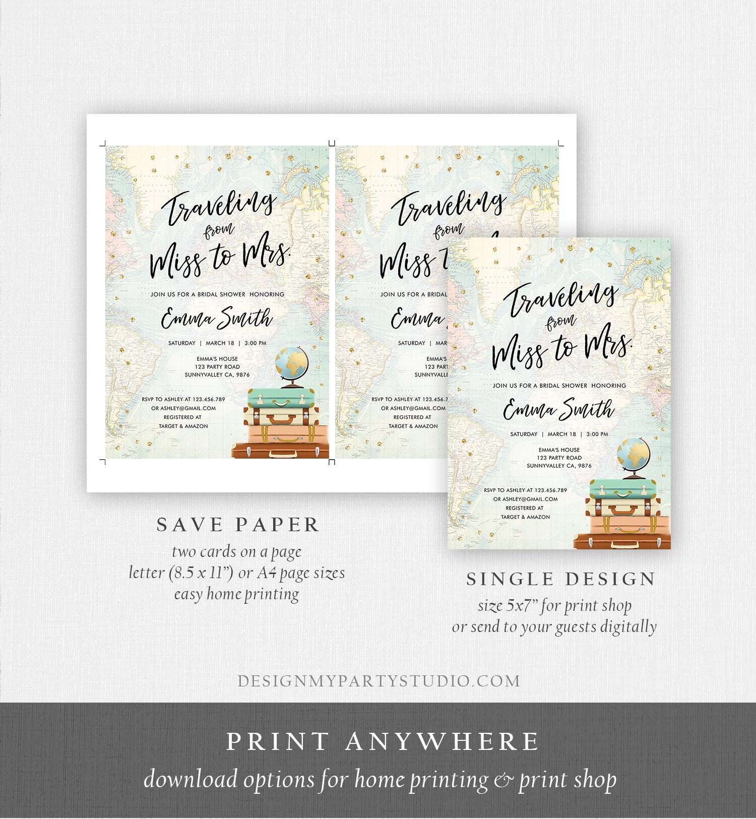 Editable Bridal Shower Invitation Traveling from Miss to Mrs Travel World Map Suitcase Vintage Floral Download Printable Template Corjl 0263