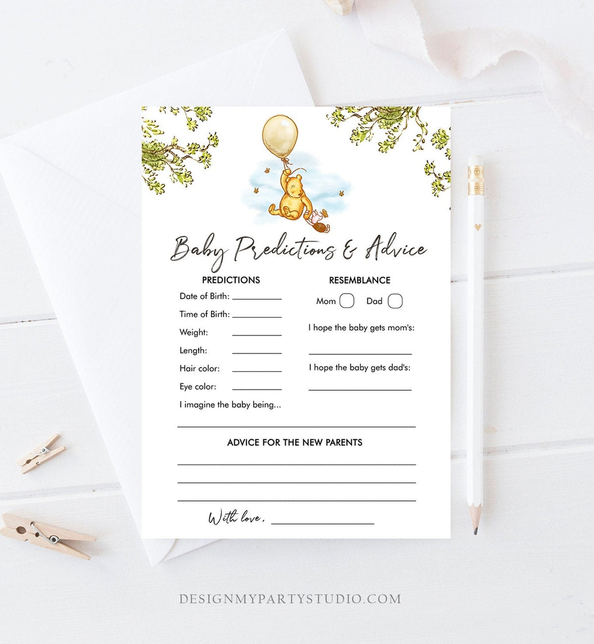 Editable Baby Predictions Baby Shower Game Advice for Parents Winnie The Pooh Baby Shower Rustic Unisex Corjl Template Printable 0425