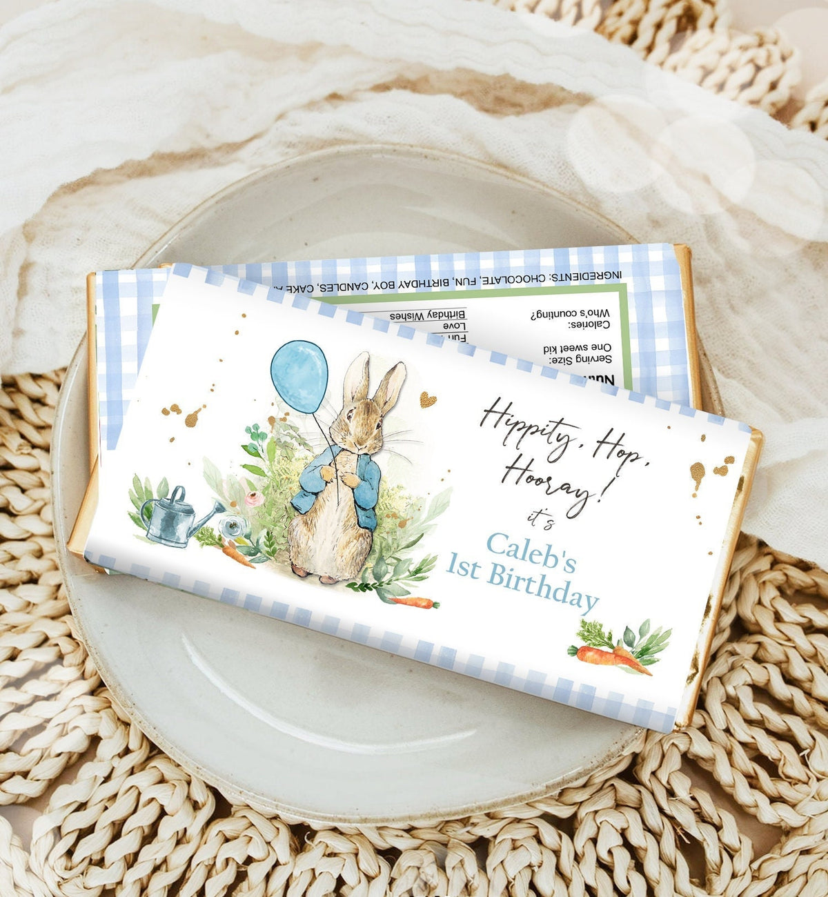 Editable Peter Rabbit Chocolate Bar Labels Candy Bar Wrapper Bunny Rabbit Birthday Boy Blue Rustic Download Corjl Template Printable 0351