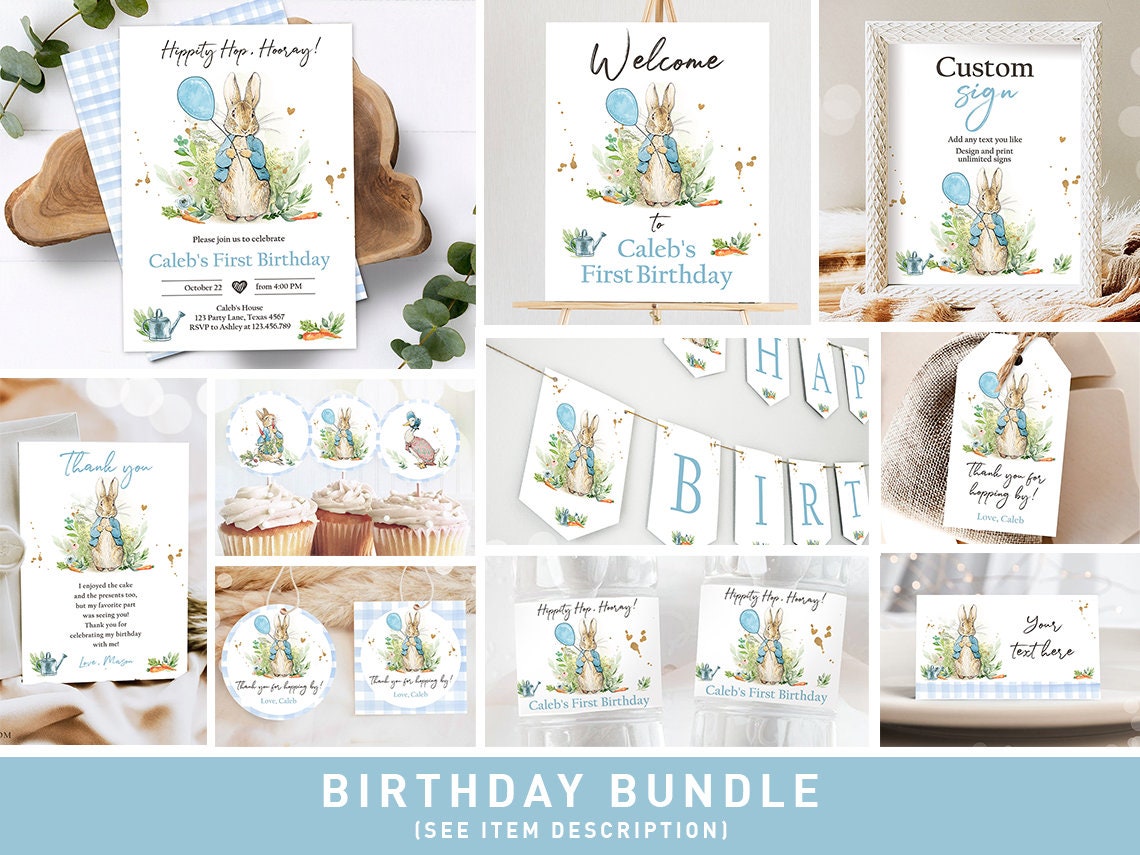 Peter Rabbit Birthday Invitation Bundle Blue Boy Bunny Watercolor Rustic Greenery 1st First Birthday Printable Corjl Template 0351