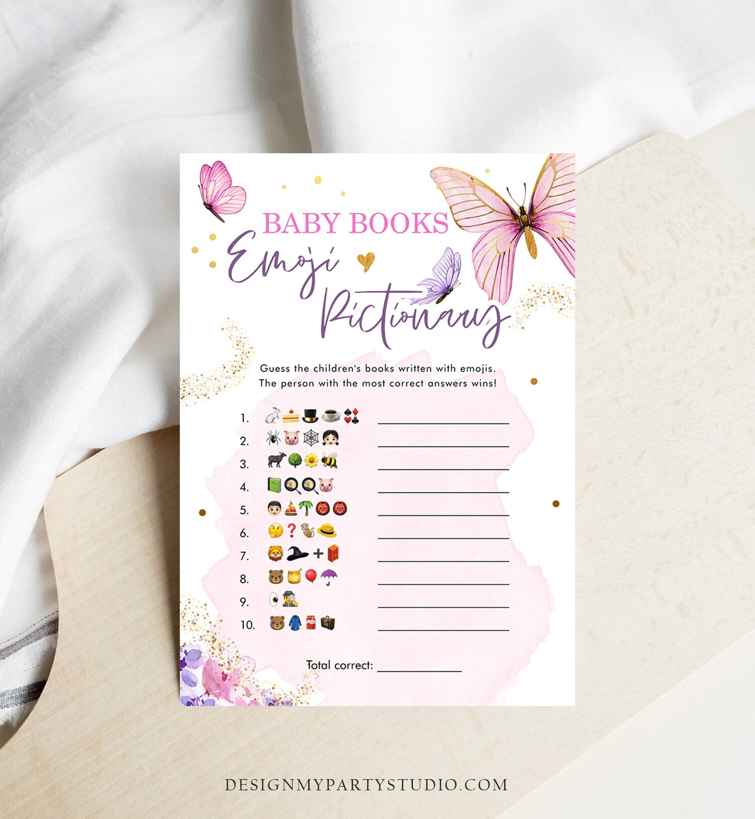 Editable Emoji Pictionary Baby Shower Game Butterfly Baby Books Floral Butterflies Pink Purple Lilac Activity Corjl Template Printable 0437