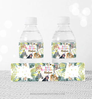 Editable Safari Water Bottle Labels Party Animals Birthday Wild One Birthday Decor Safari Girl Printable Bottle Wrappers Template Corjl 0417