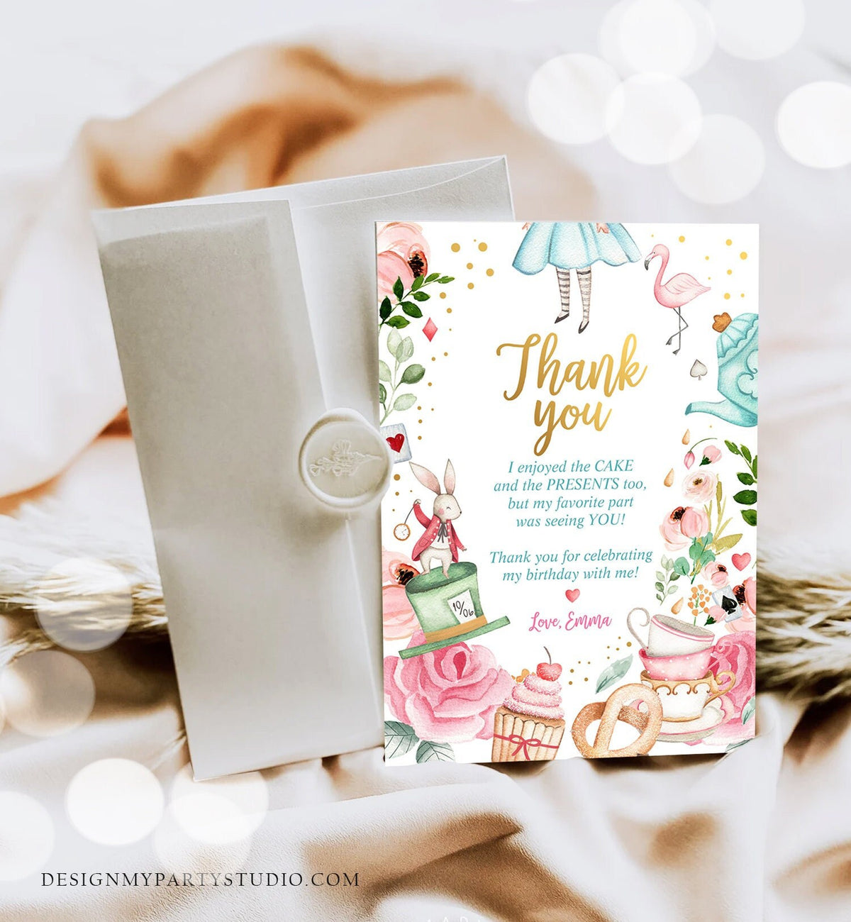 Editable Alice In Wonderland Thank You Card Girl First Birthday 1st Onederland Tea Party Thank You Printable Template Corjl Digital 0350