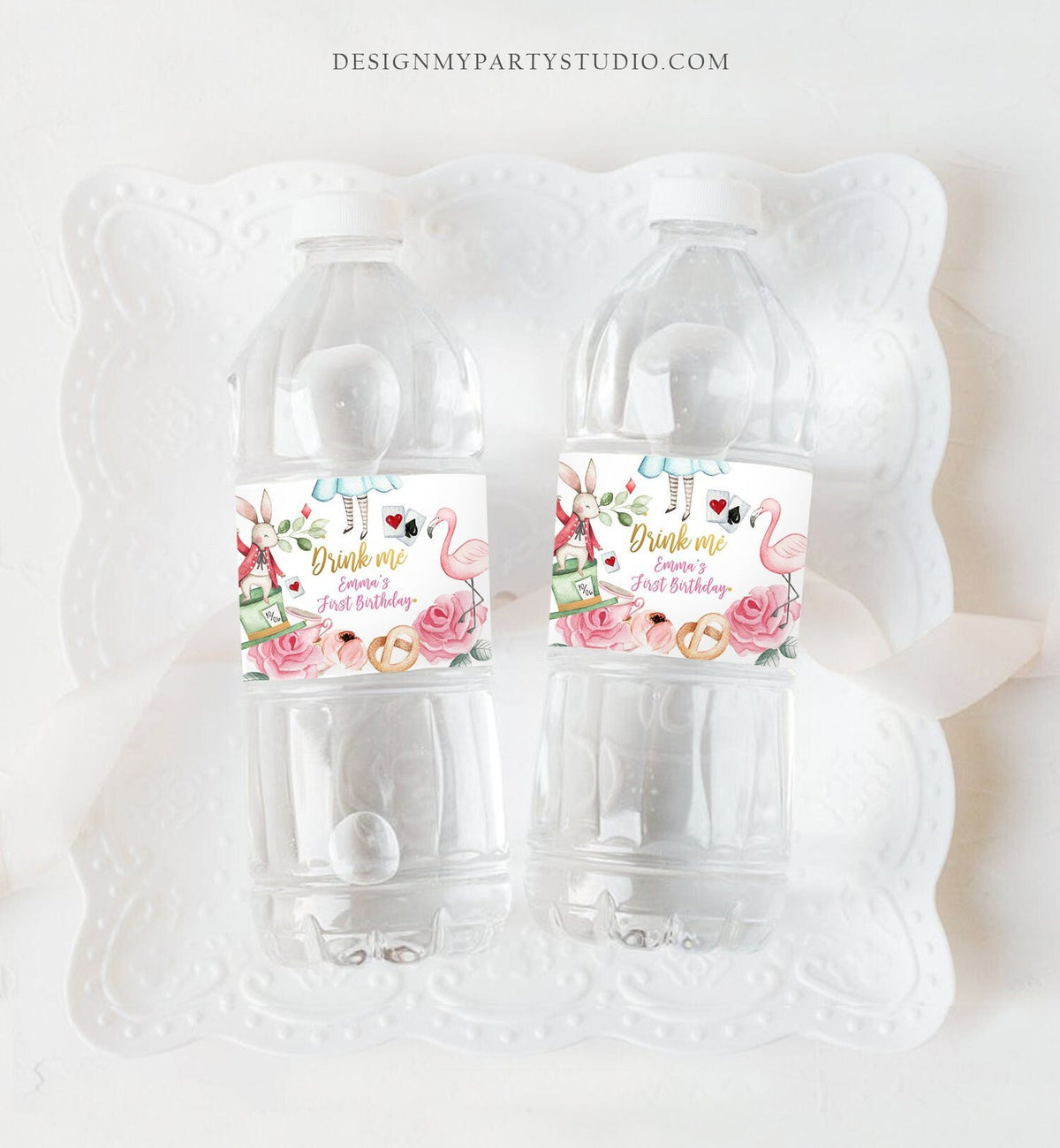 Editable Alice in Onederland Water Bottle Labels Alice Birthday Party Girl Pink Alice in Wonderland Download Printable Template Corjl 0350