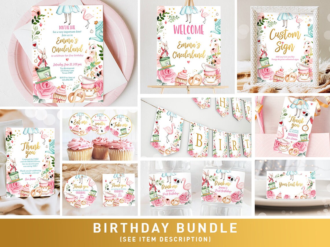 Alice in Onederland Birthday Invitation Bundle Alice in Wonderland Party Birthday Pink Girl Package 1st First Printable Corjl Template 0350