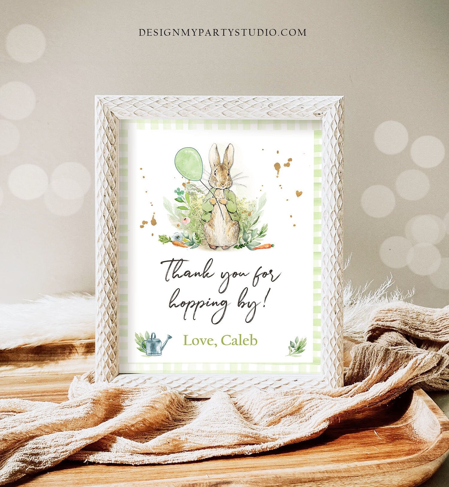 Editable Peter Rabbit Thank You Sign Neutral Birthday Baby Shower Thank You Hopping By Rabbit Watercolor Bunny Template Corjl PRINTABLE 0351